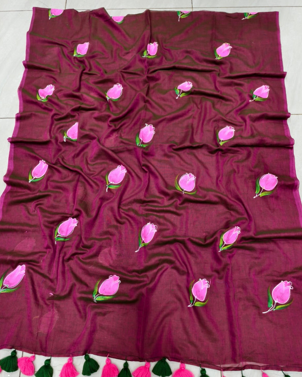 Mul cotton Tulip hand painted saree