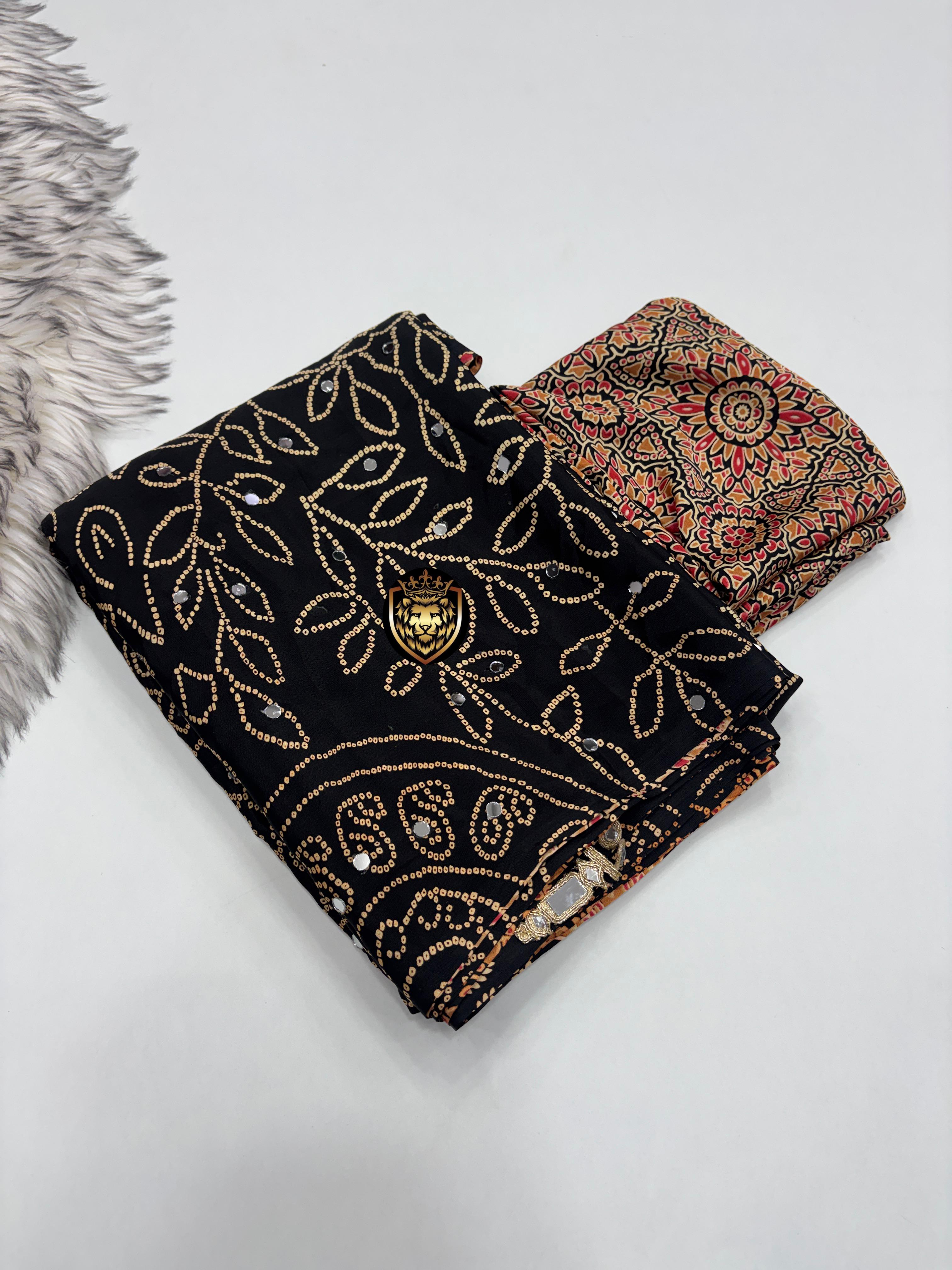 Ajrak Satin design mirror saree