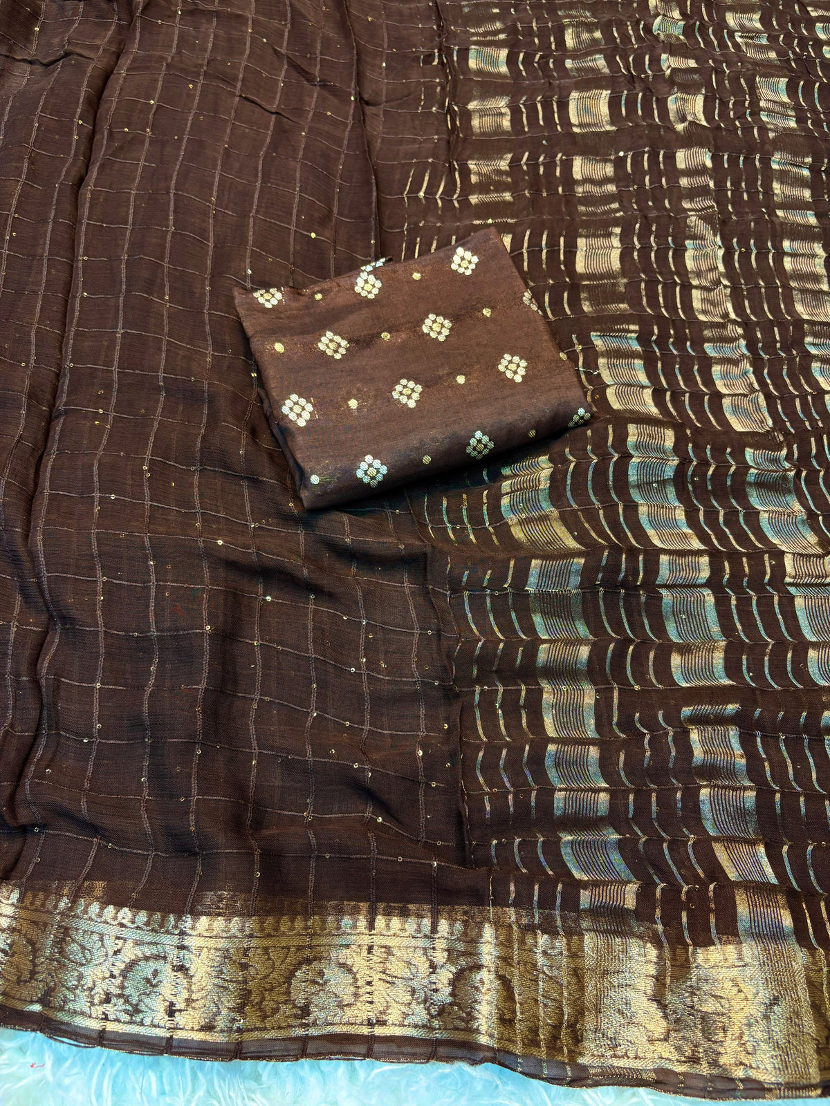 Viscose georgette checks sequins pattern sarees
