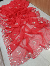 Fancy handwork mirrors and beads work georgette saree