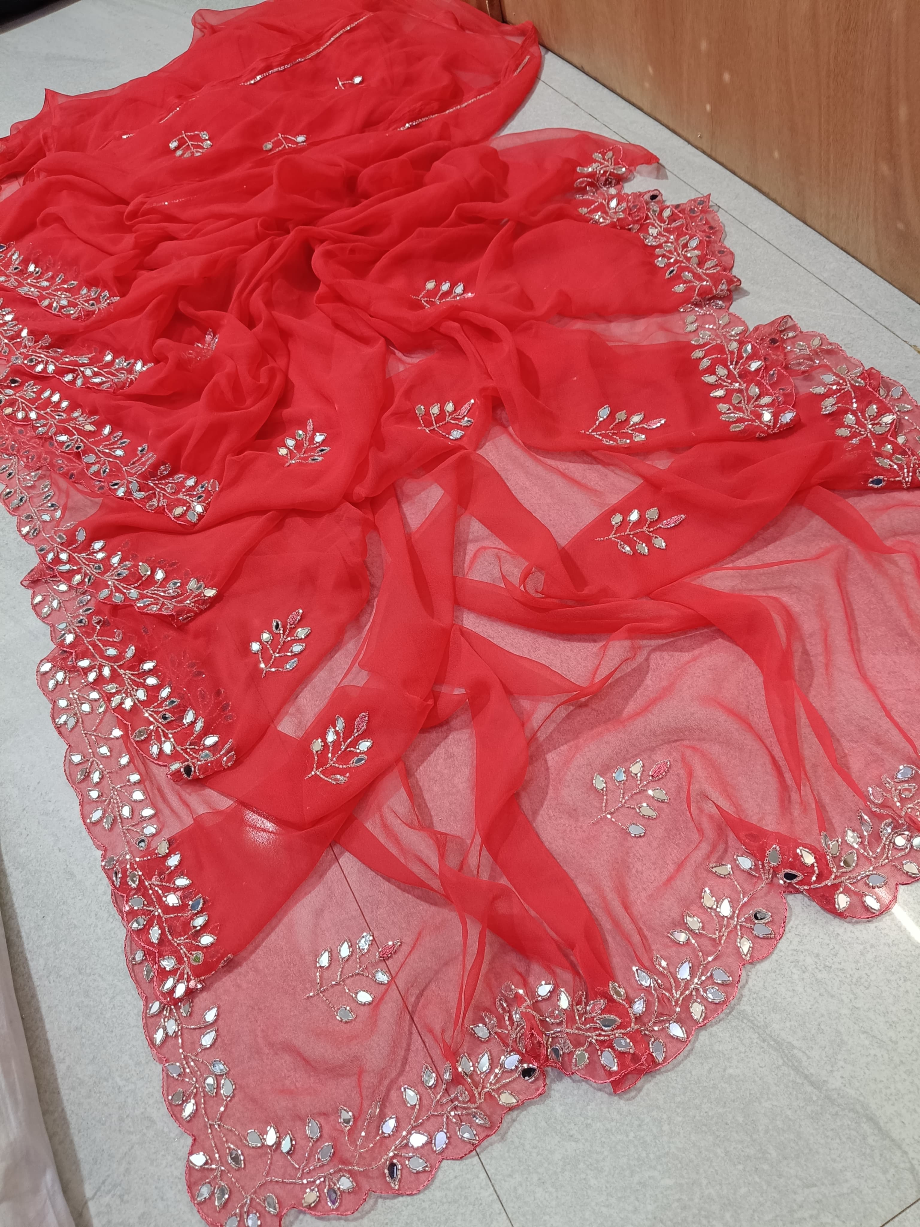 Fancy handwork mirrors and beads work georgette saree