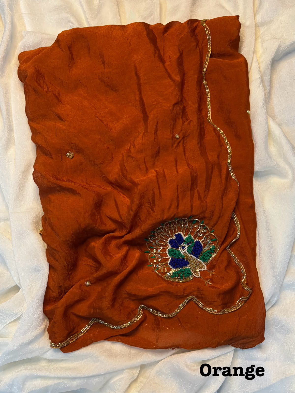 Very soft rangoli crush hand work peacock design saree