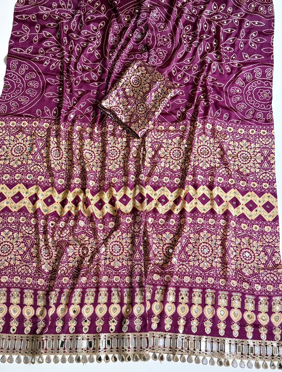 Ajrak design crepe silk mirror saree