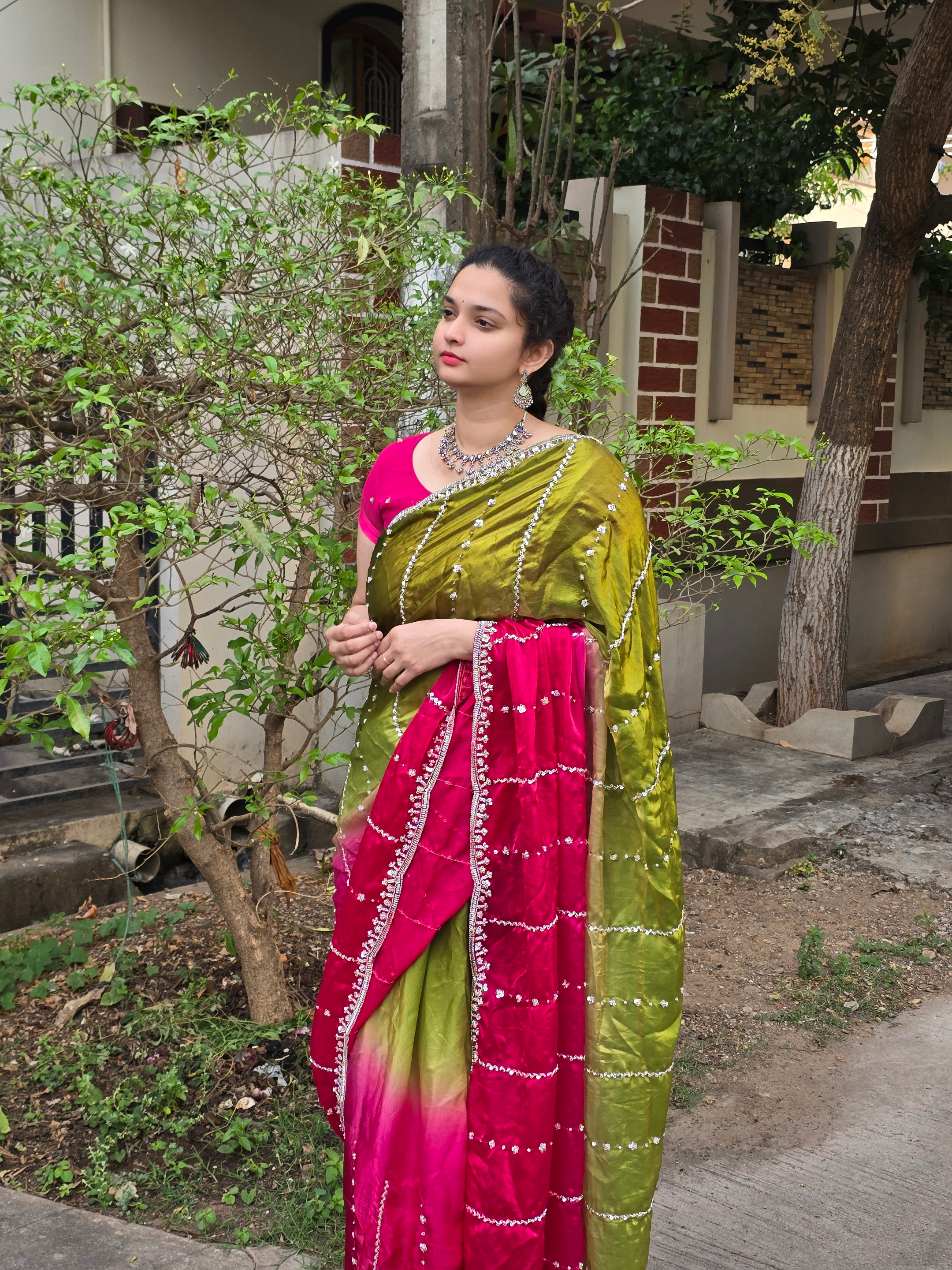 Space silk dual shade original beads work saree