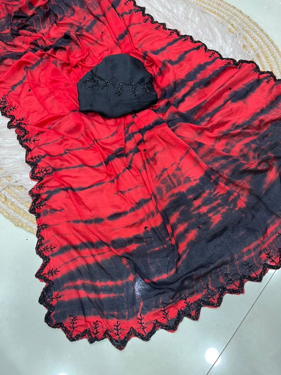 Tie and dye pure chinnon handwork saree