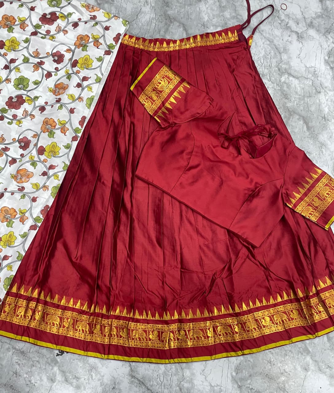 Chettinad pattu fully stitched kalamkari half saree
