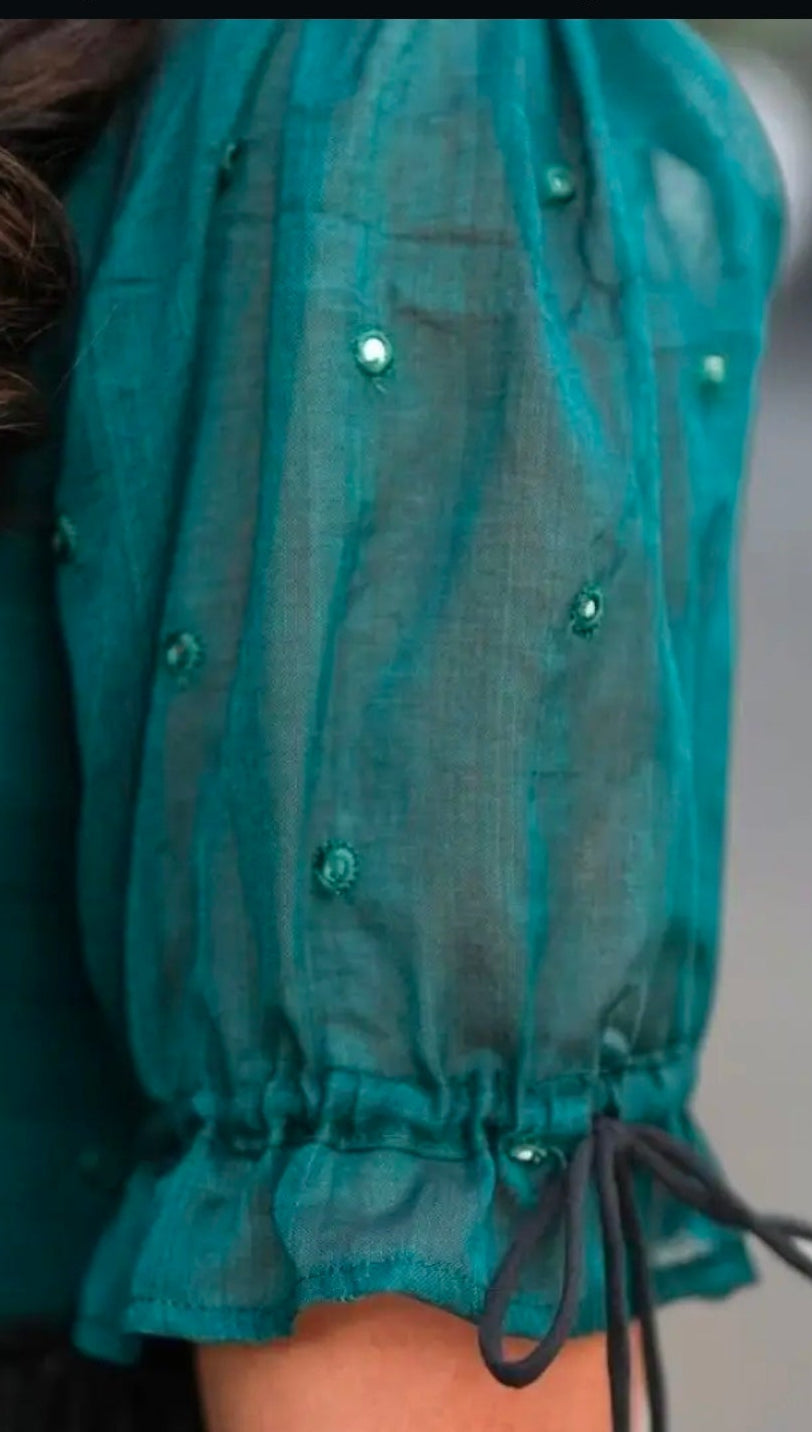 Vichitra silk fabric black and teal stylish maxi frock