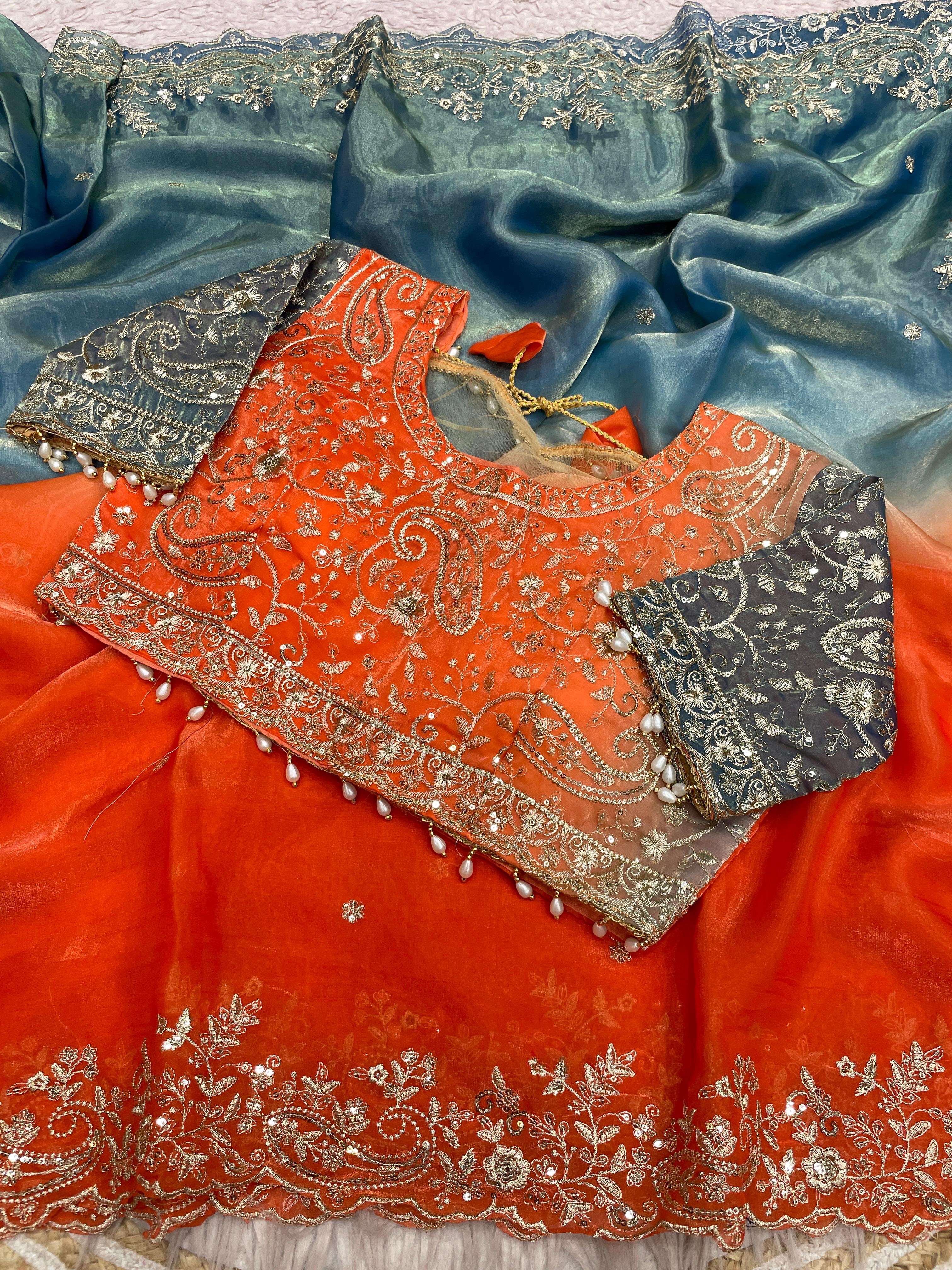 Space Silk Embroidery work saree with stitched blouse