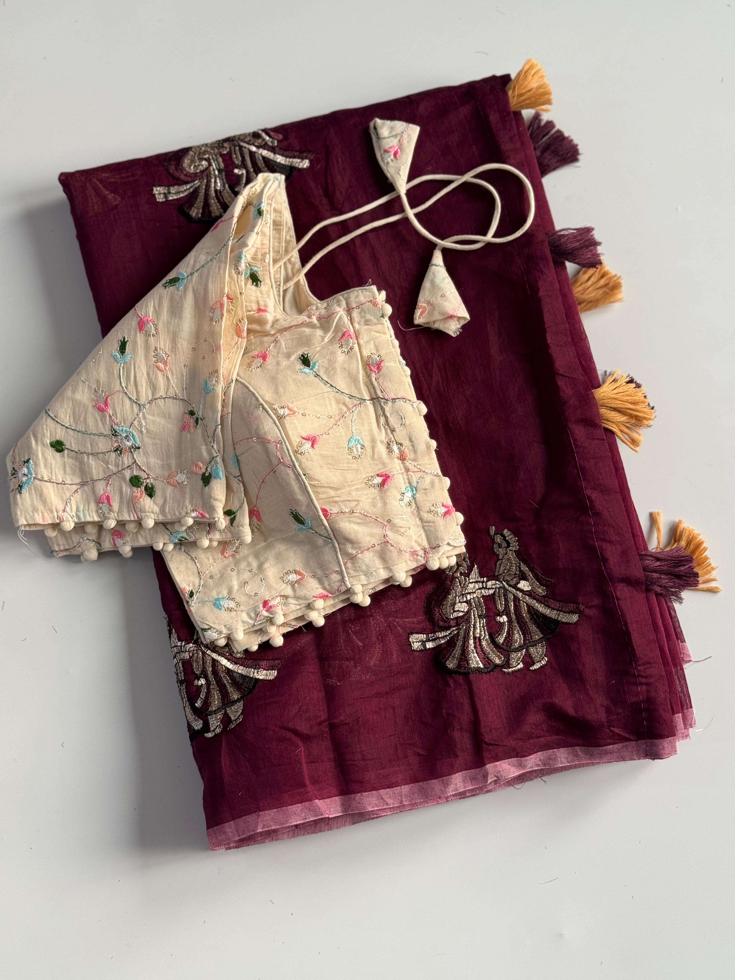 Premium Chanderi Silk Saree Fully Stitched blouse