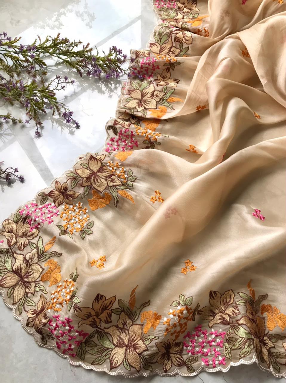 Tissue embroidery premium saree