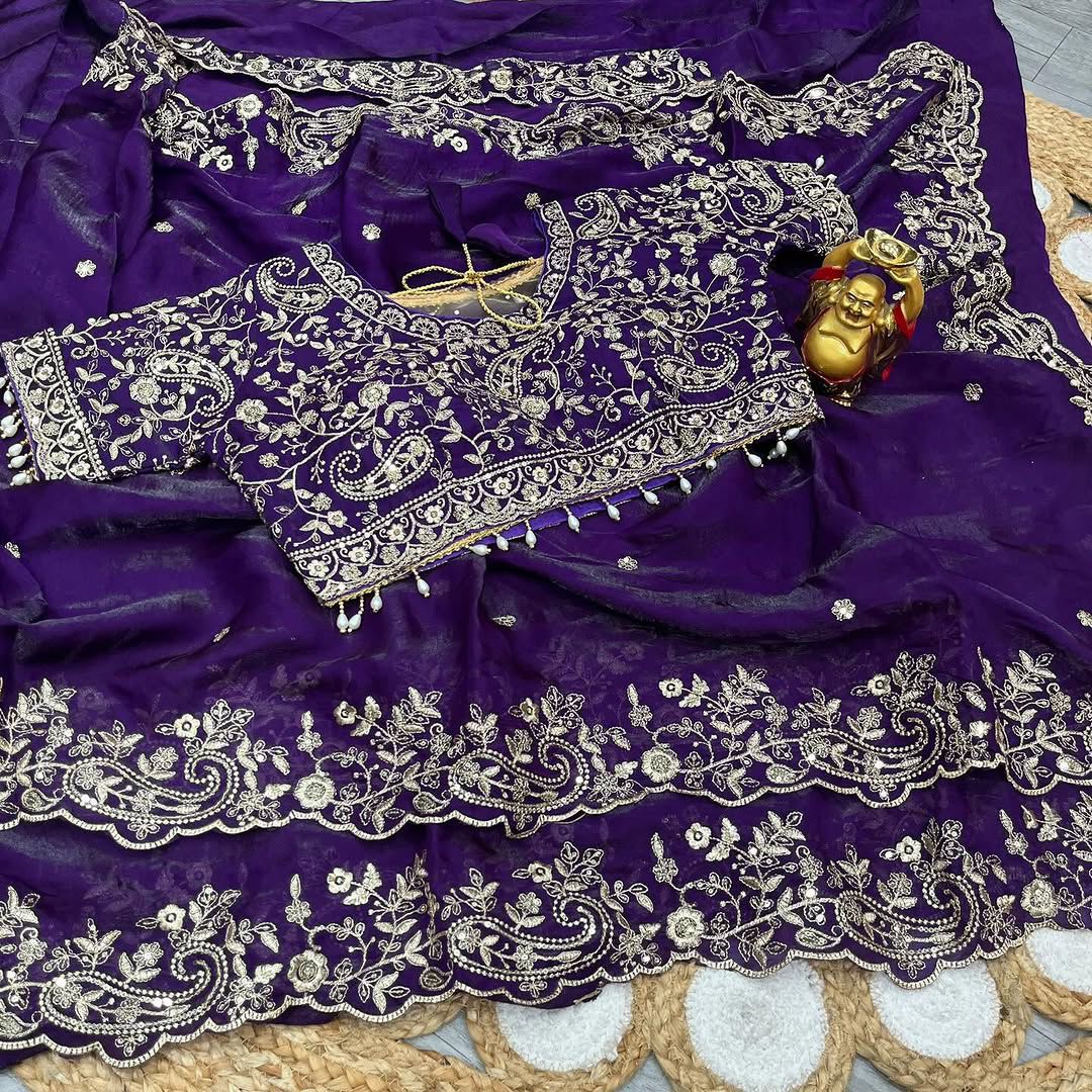 Space Silk Embroidery work saree with stitched blouse