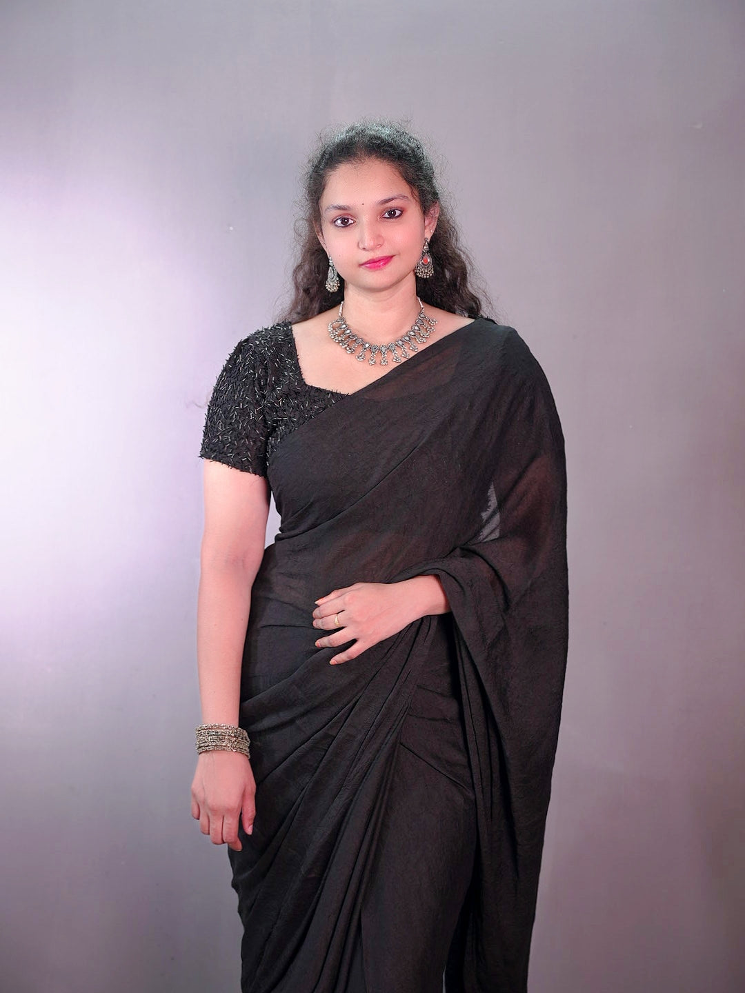 Crush rangoli latkan work blouse saree