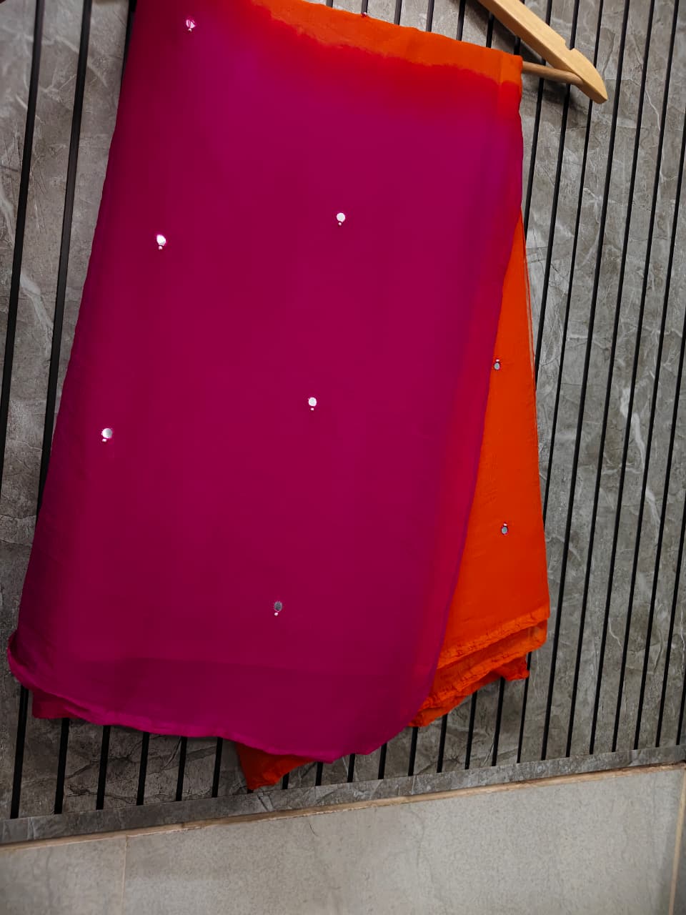 Chiffon mirror patra work dual shade saree