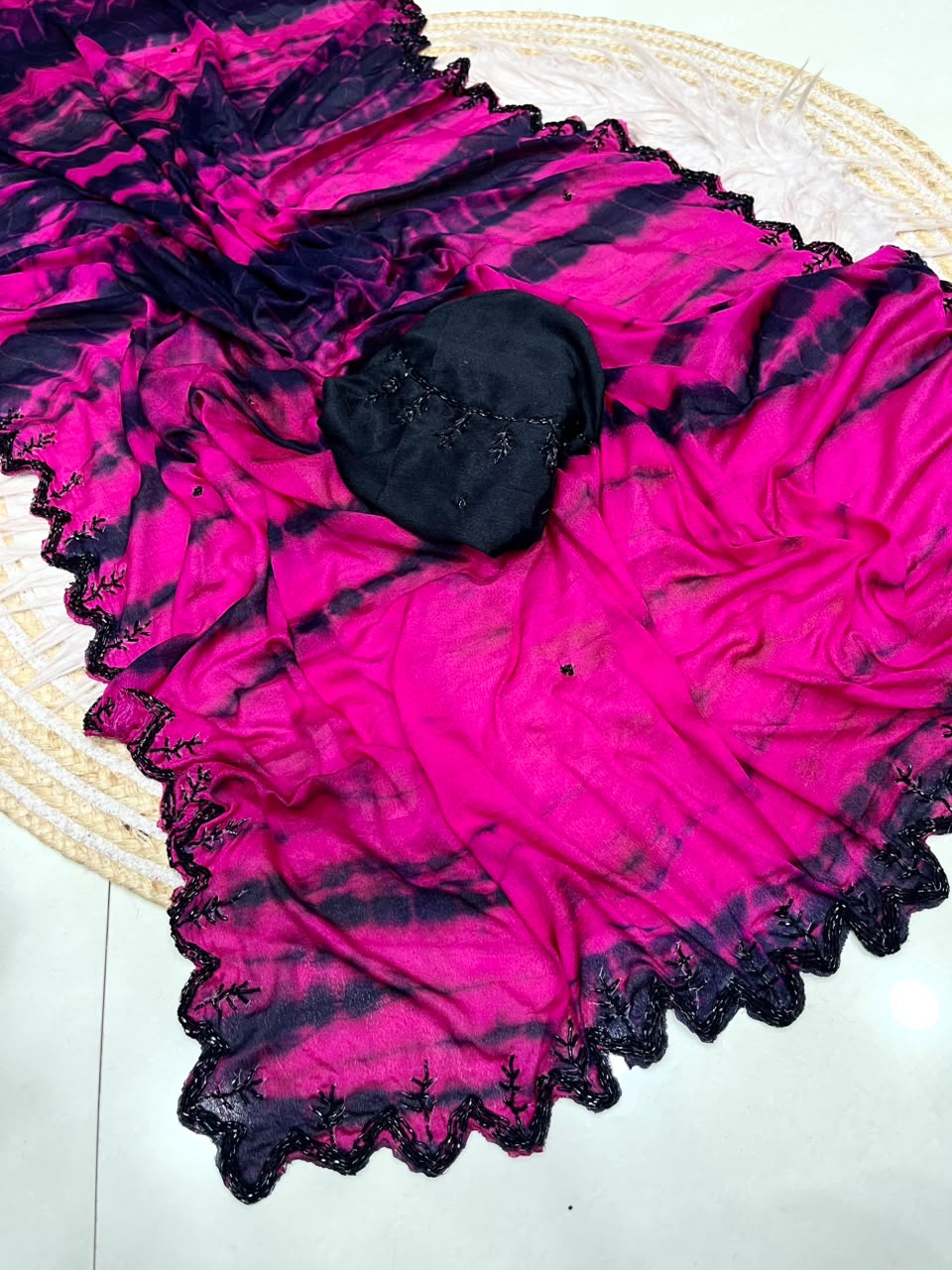 Tie and dye pure chinnon handwork saree