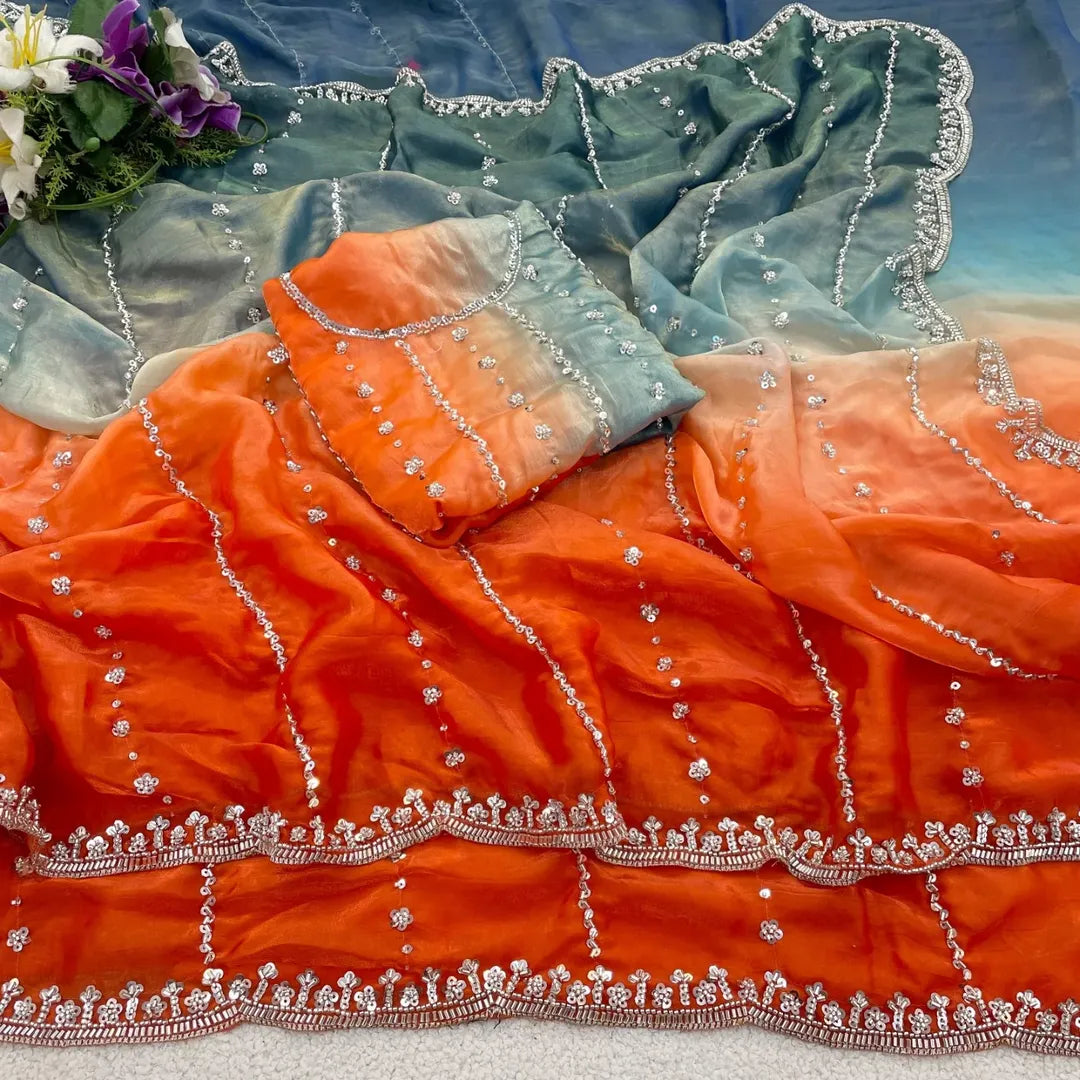 Space silk dual shade original beads work saree