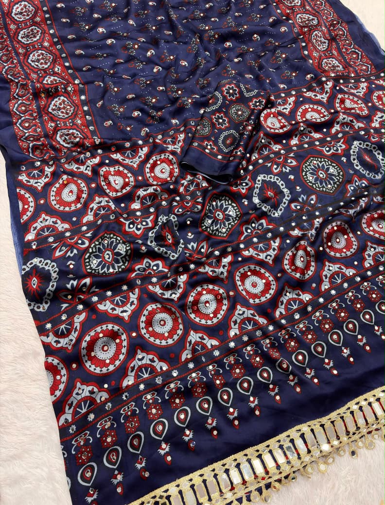 Ajrak crepe silk mirror saree