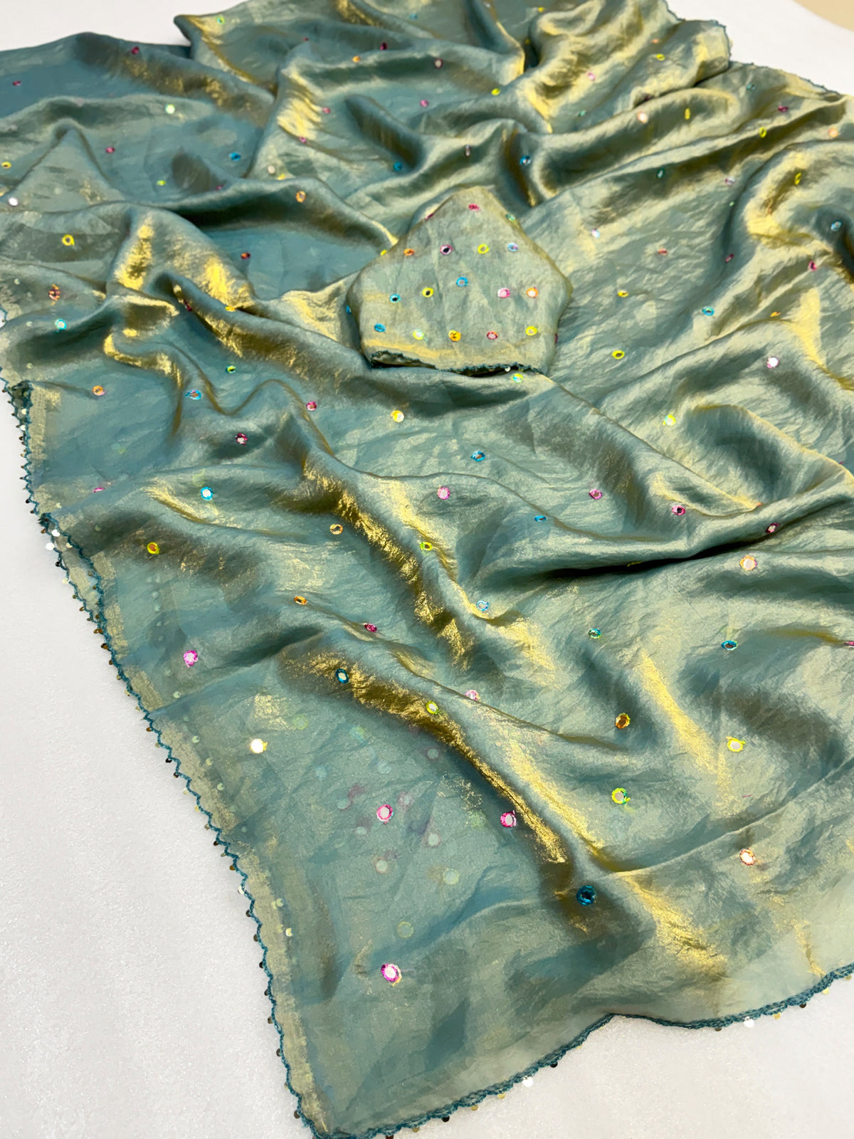 Moss space silk arco mirror work saree