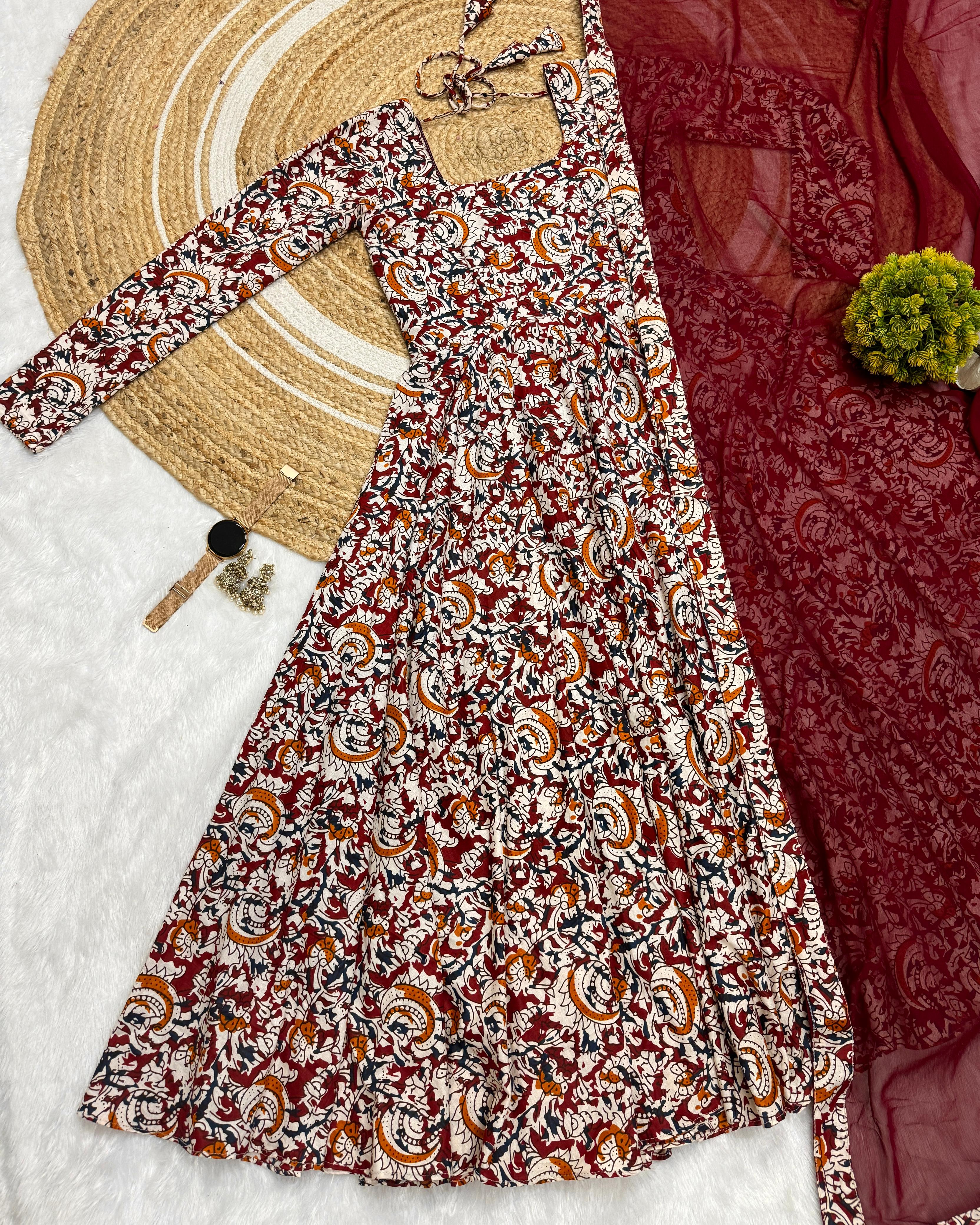 Pure Cotton Kalamkari Block Print Anarkali with Georgette Duppatta