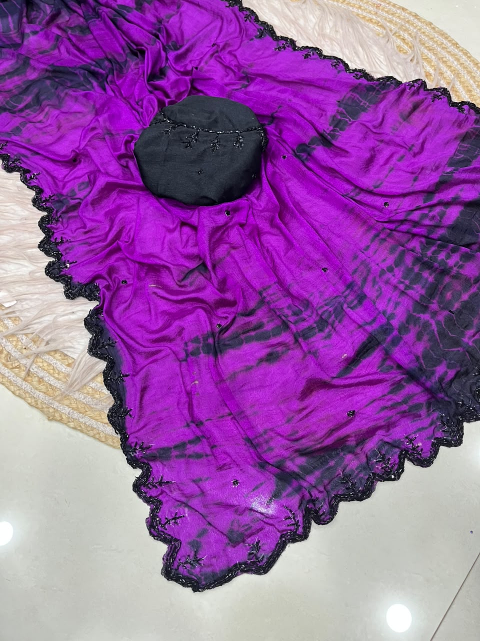 Tie and dye pure chinnon handwork saree