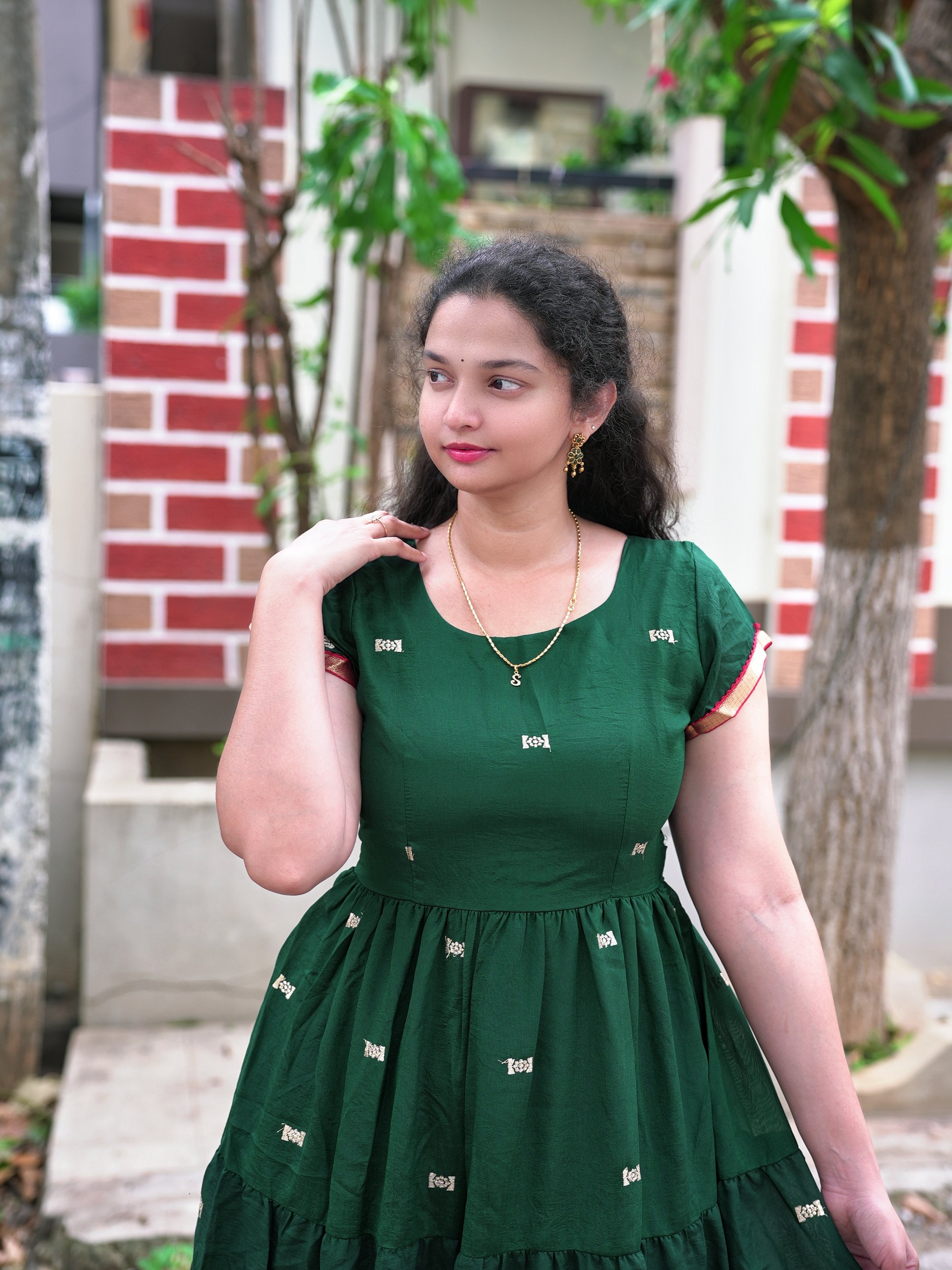 Vichitra silk layered boat neck frock