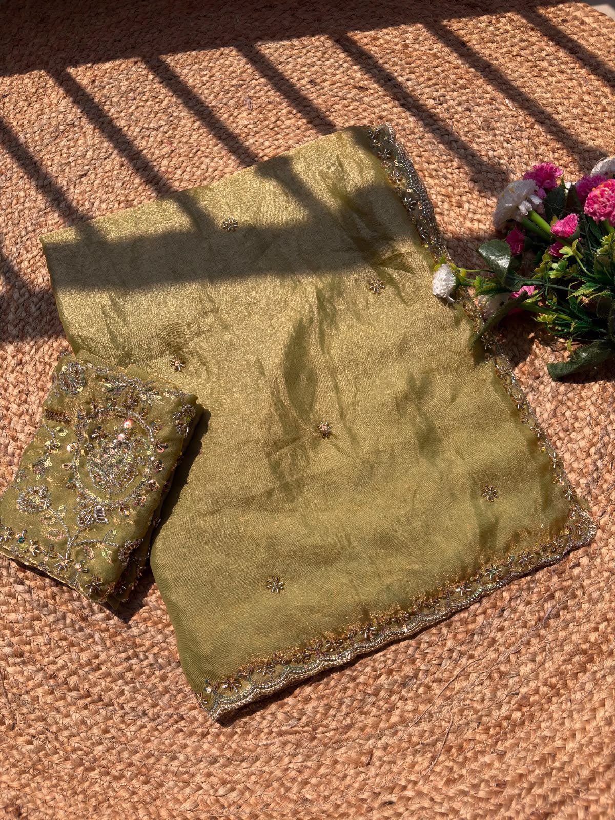 Pure space silk gold glass beads work saree