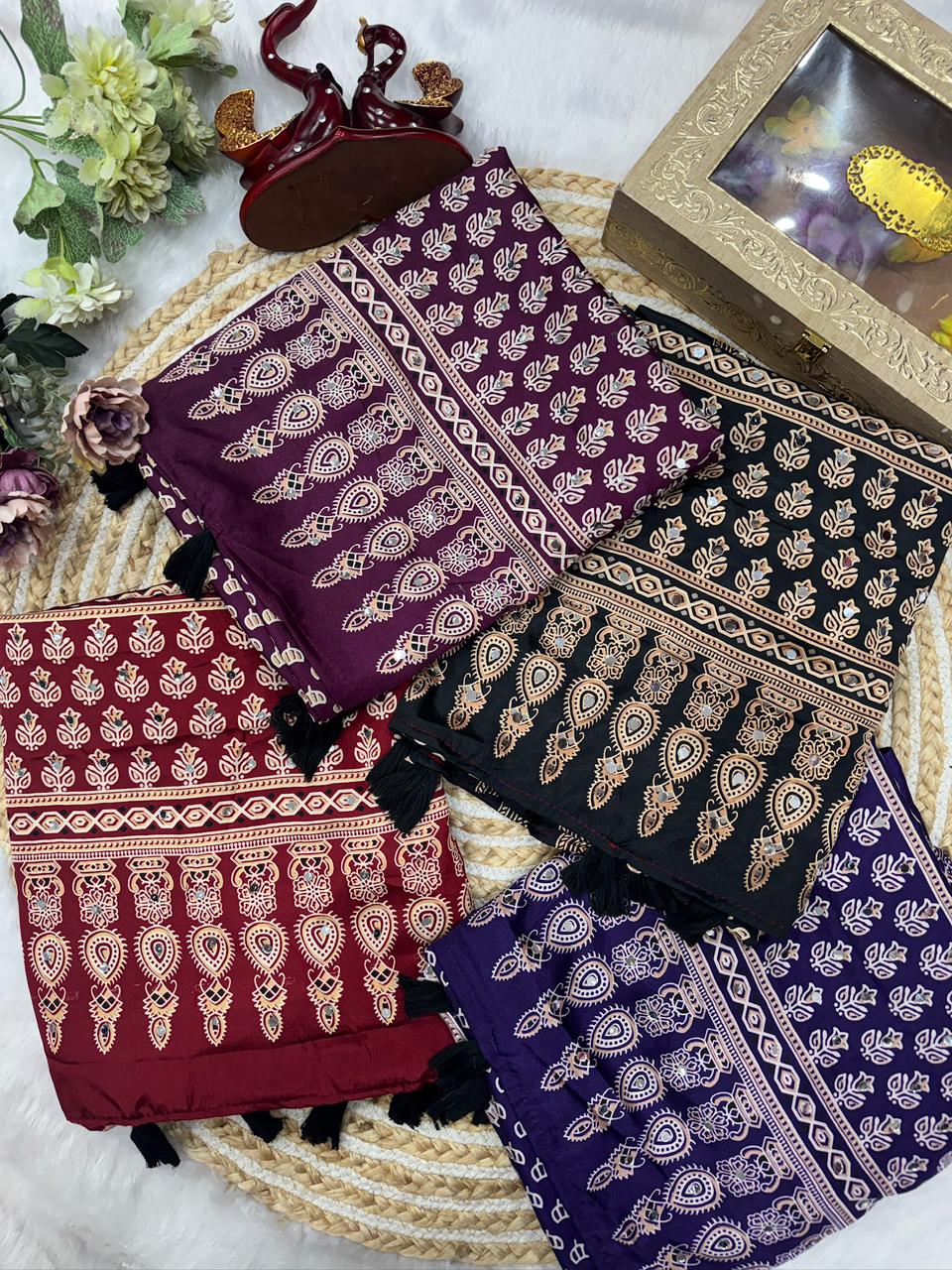 Semi modal crepe silk ajrak mirror saree