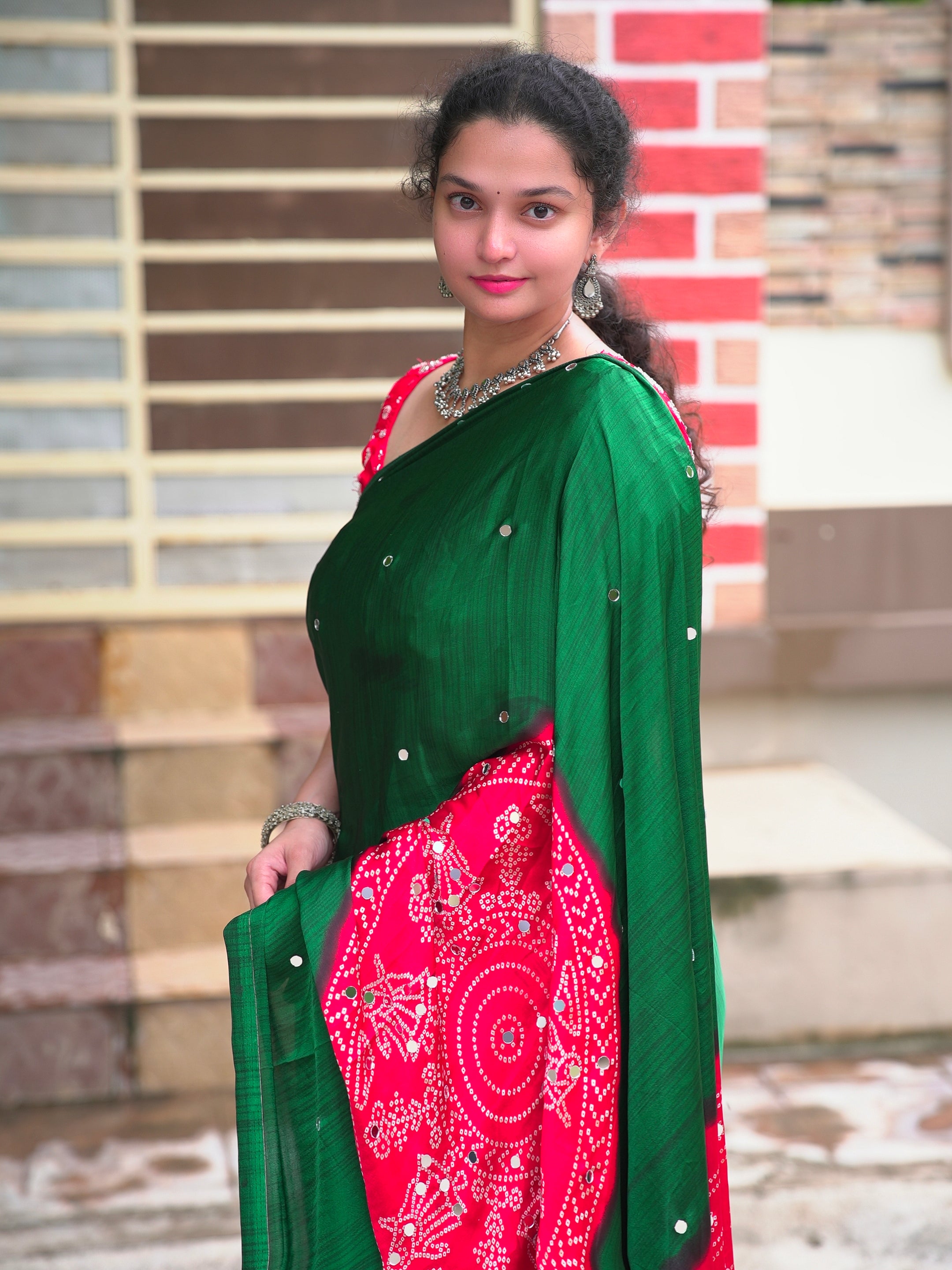 Ajrak bandini print semi modal crepe silk saree