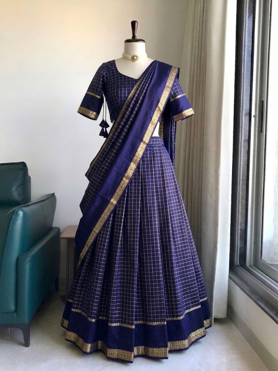 Viscose georgette vintage checks fully stitched half sareee