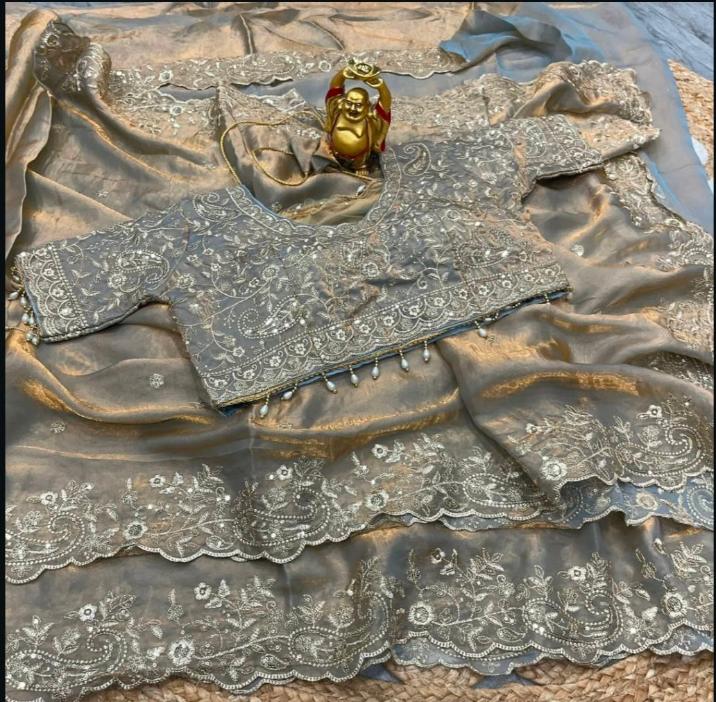 Space Silk Embroidery work saree with stitched blouse