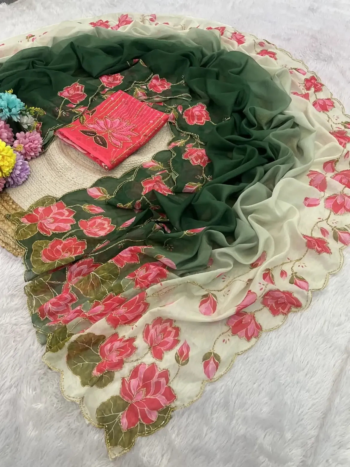 Soft teby silk lotus katli handwork dual shade saree