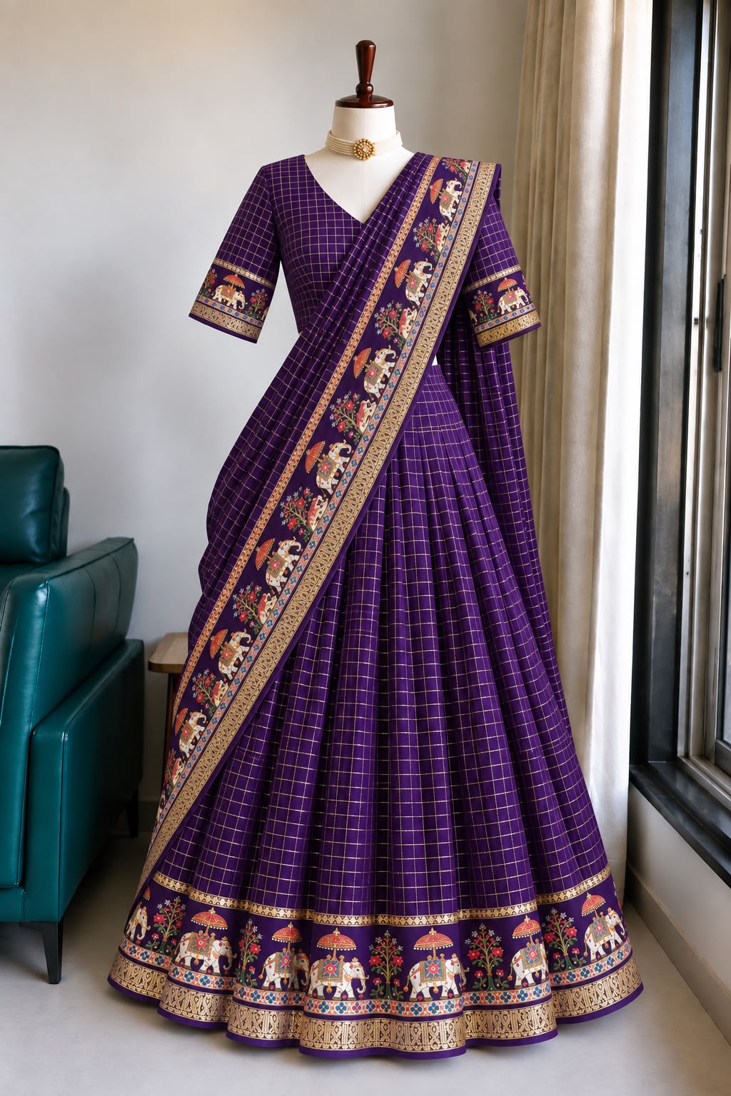 Viscose georgette fully stitched checks lehanga/ half saree