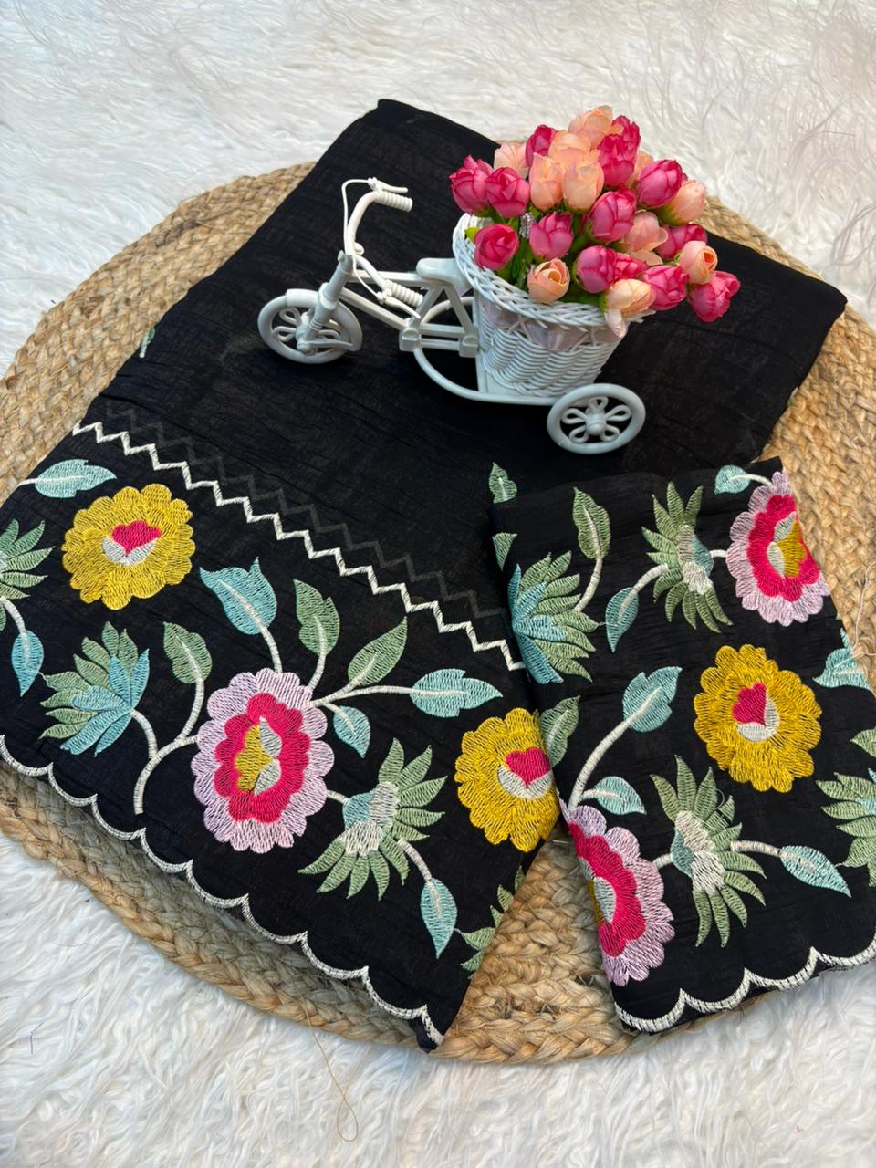 Crunchy fabric cutowork embroidery saree
