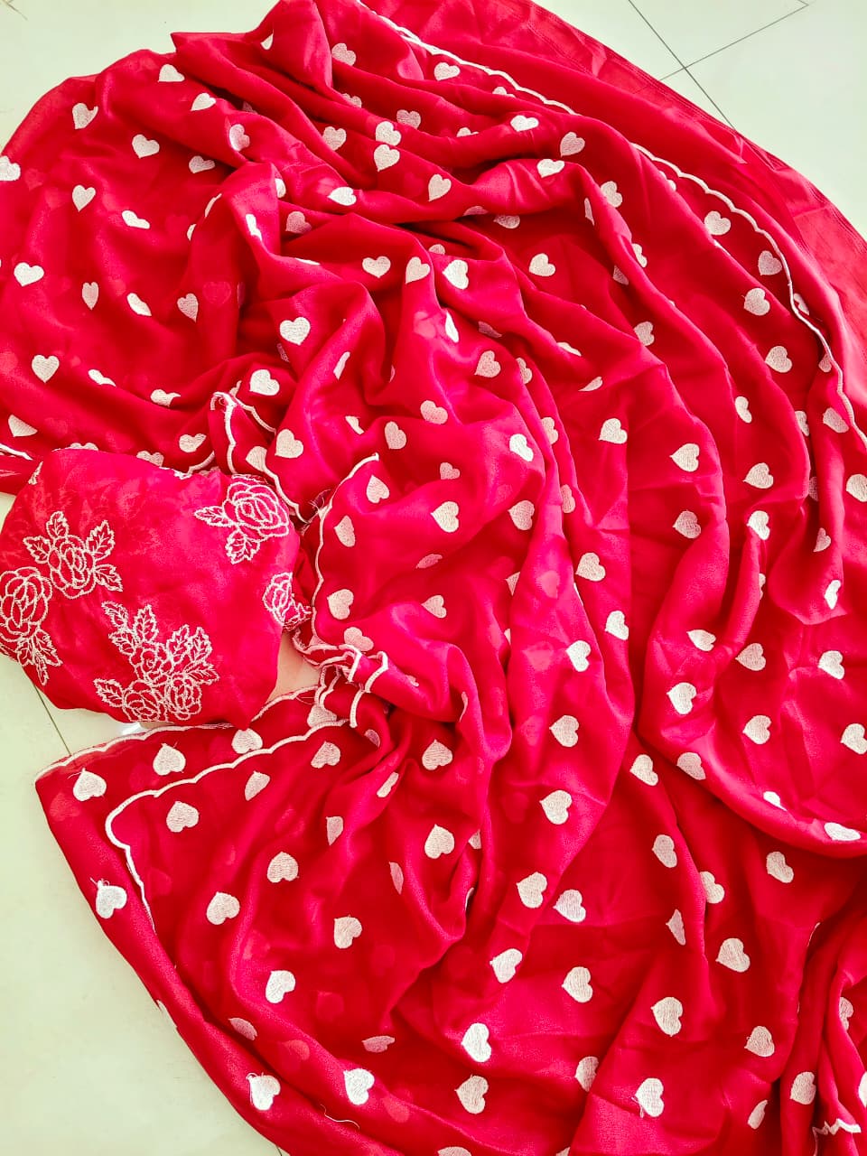 Heart shape embroidery georgette saree