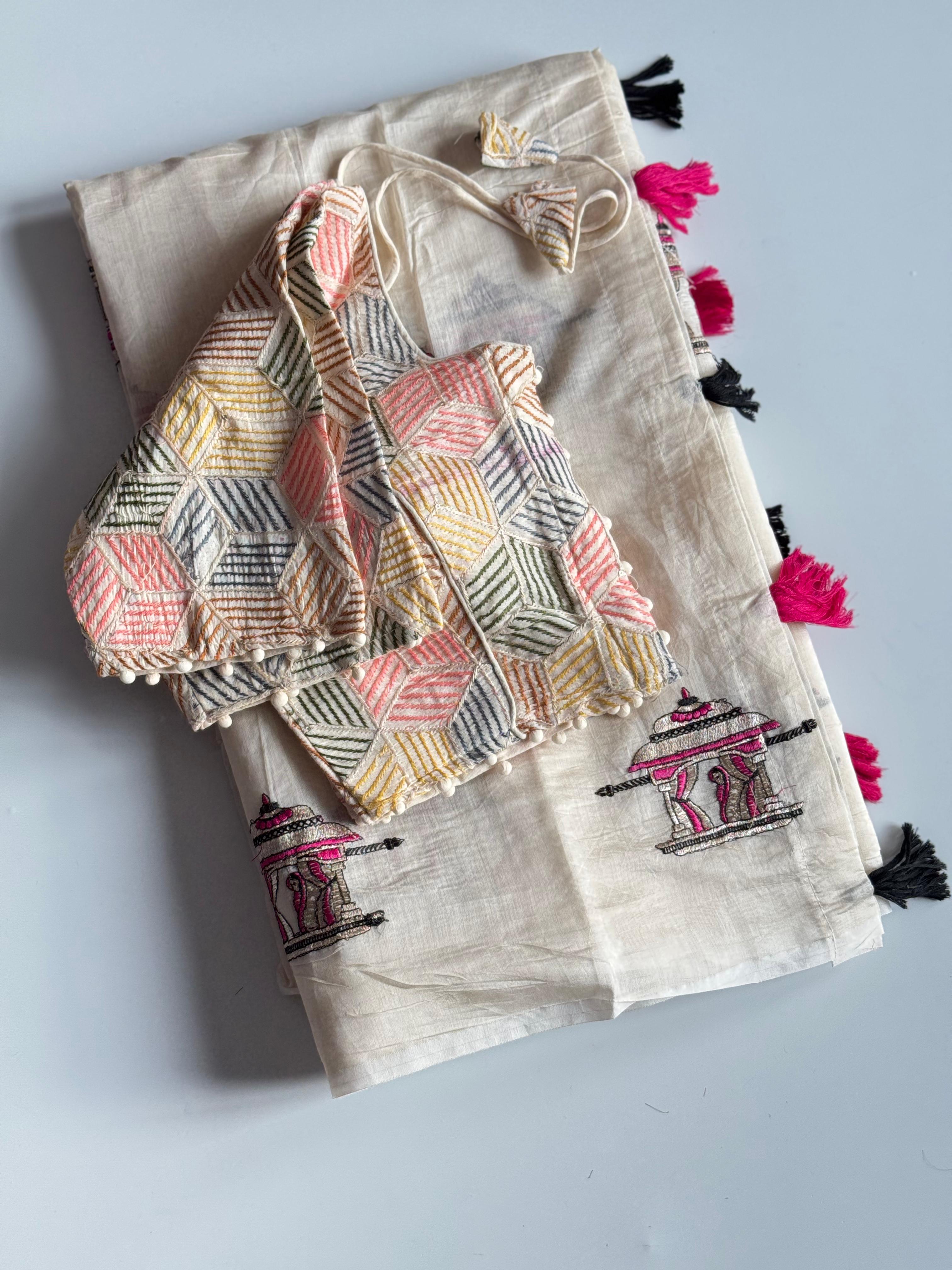 Premium Chanderi Silk Saree Fully Stitched blouse
