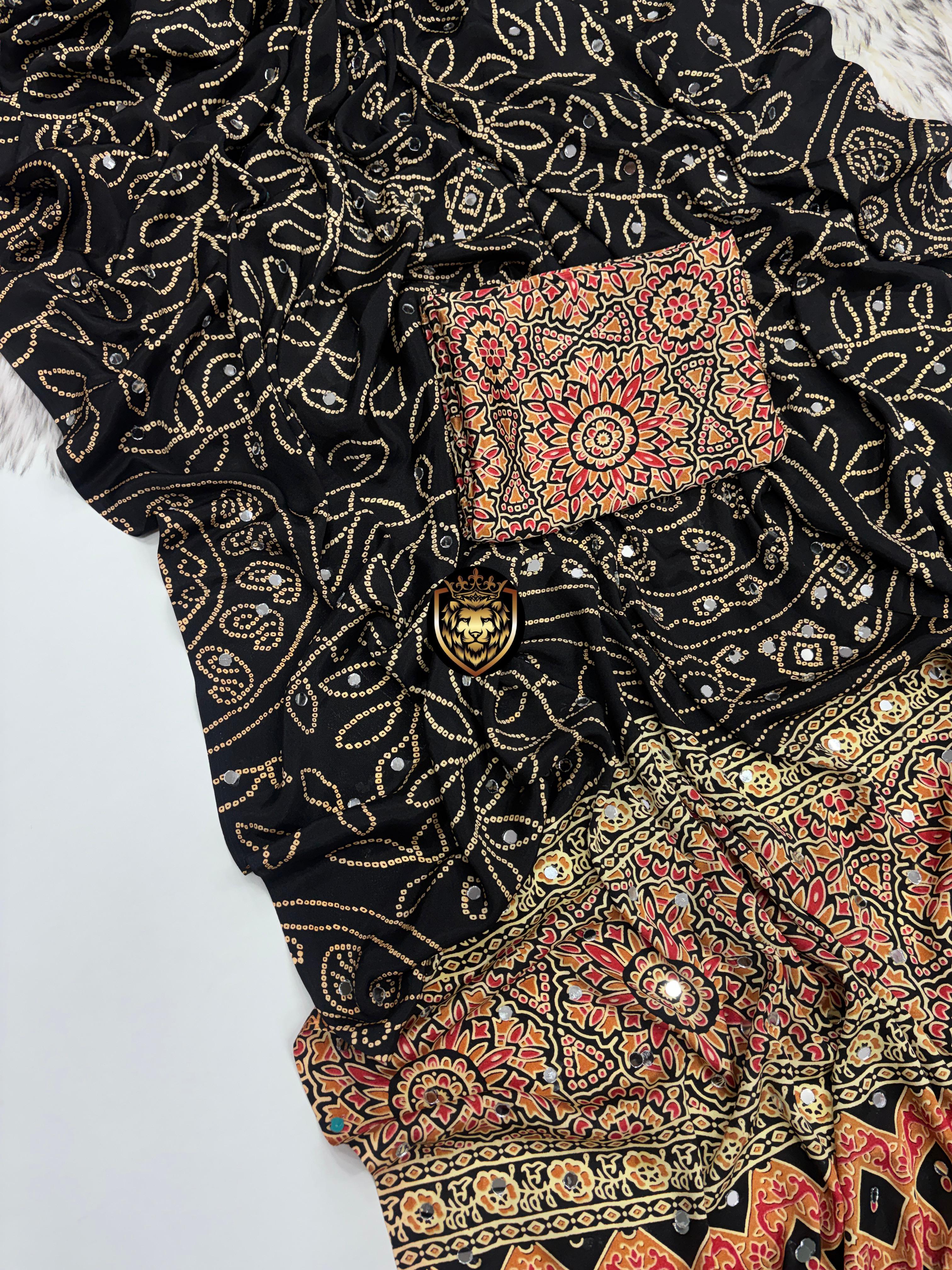 Ajrak Satin design mirror saree