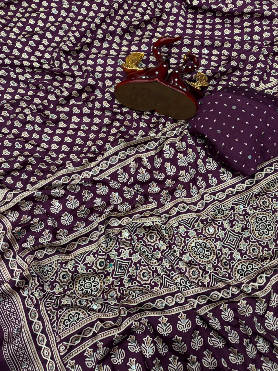 Semi modal crepe silk ajrak mirror saree