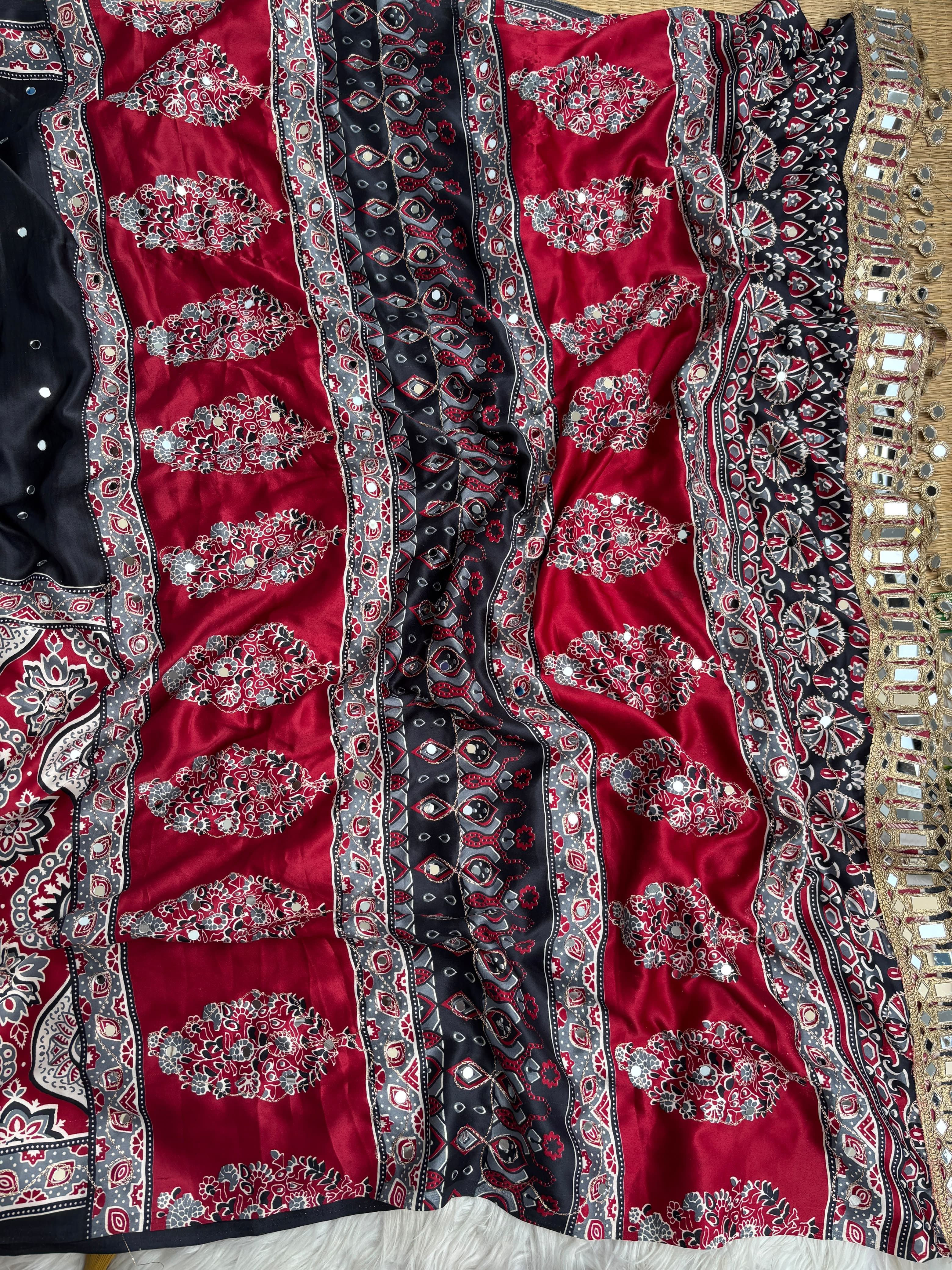 Ajrak mirror satin modal saree