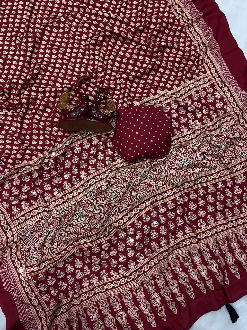 Semi modal crepe silk ajrak mirror saree