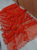 Fancy handwork mirrors and beads work georgette saree