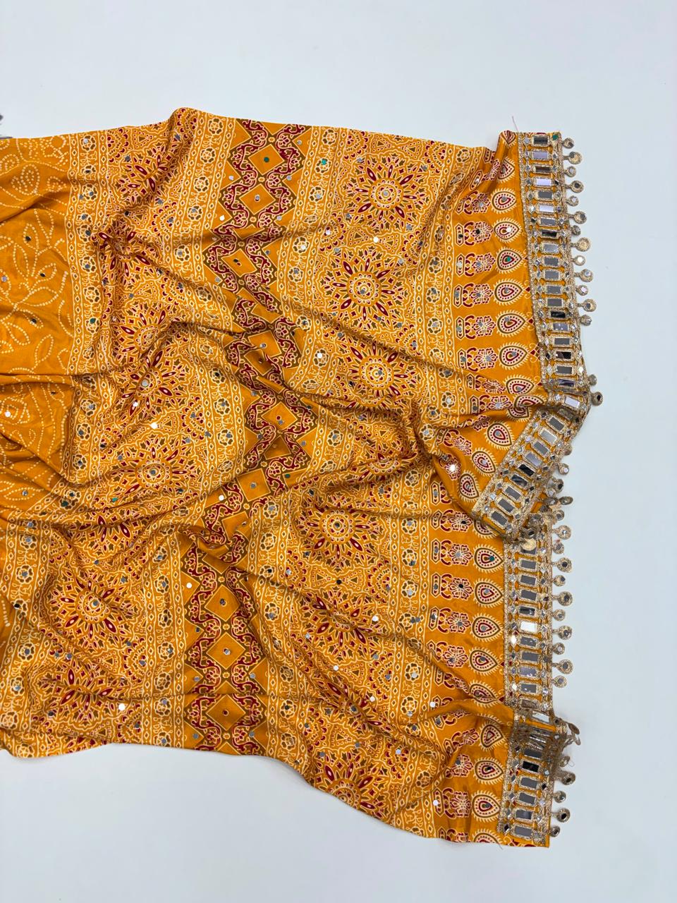 Ajrak design crepe silk mirror saree