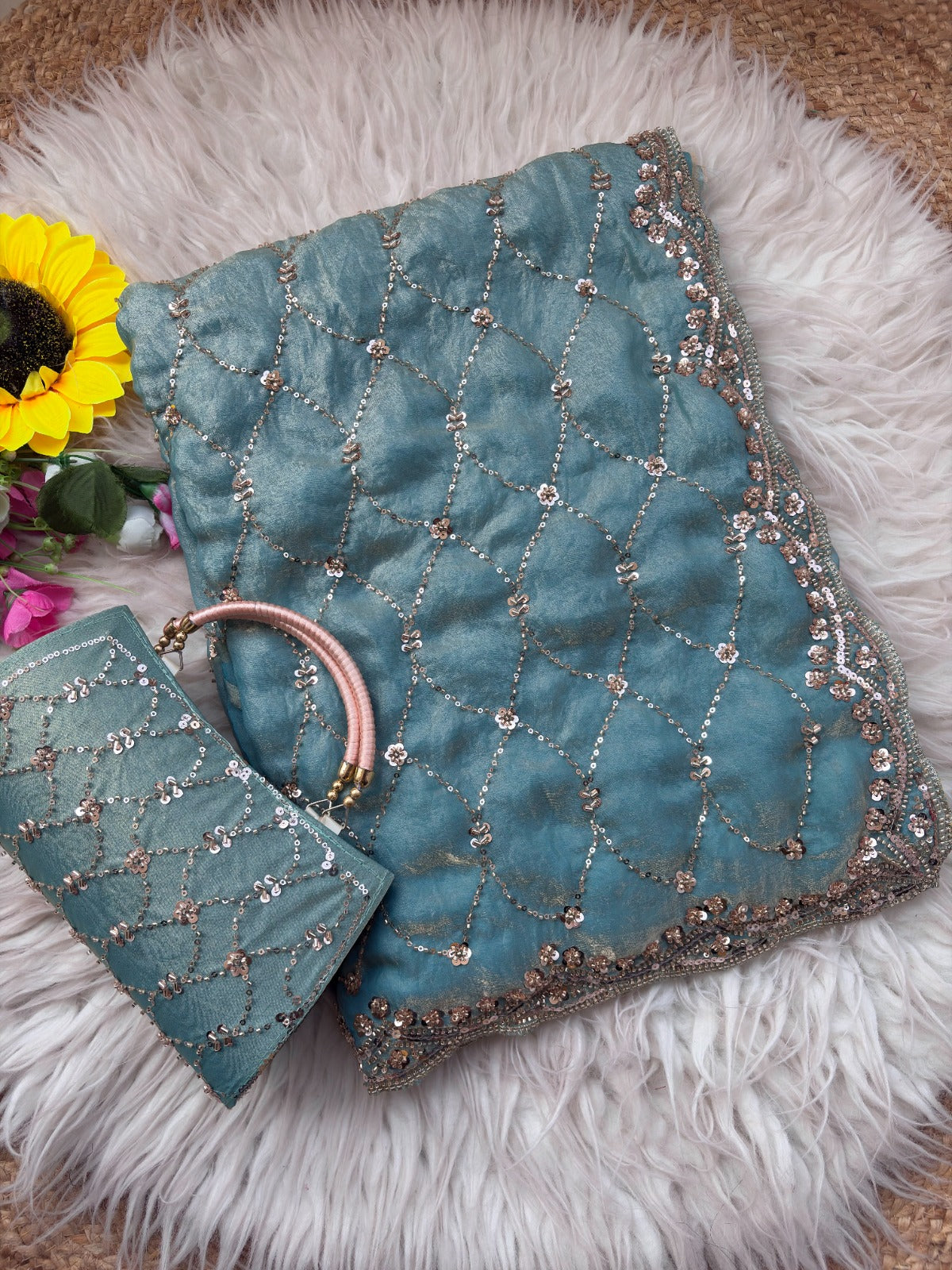 Space silk beads work saree with free desiner purse