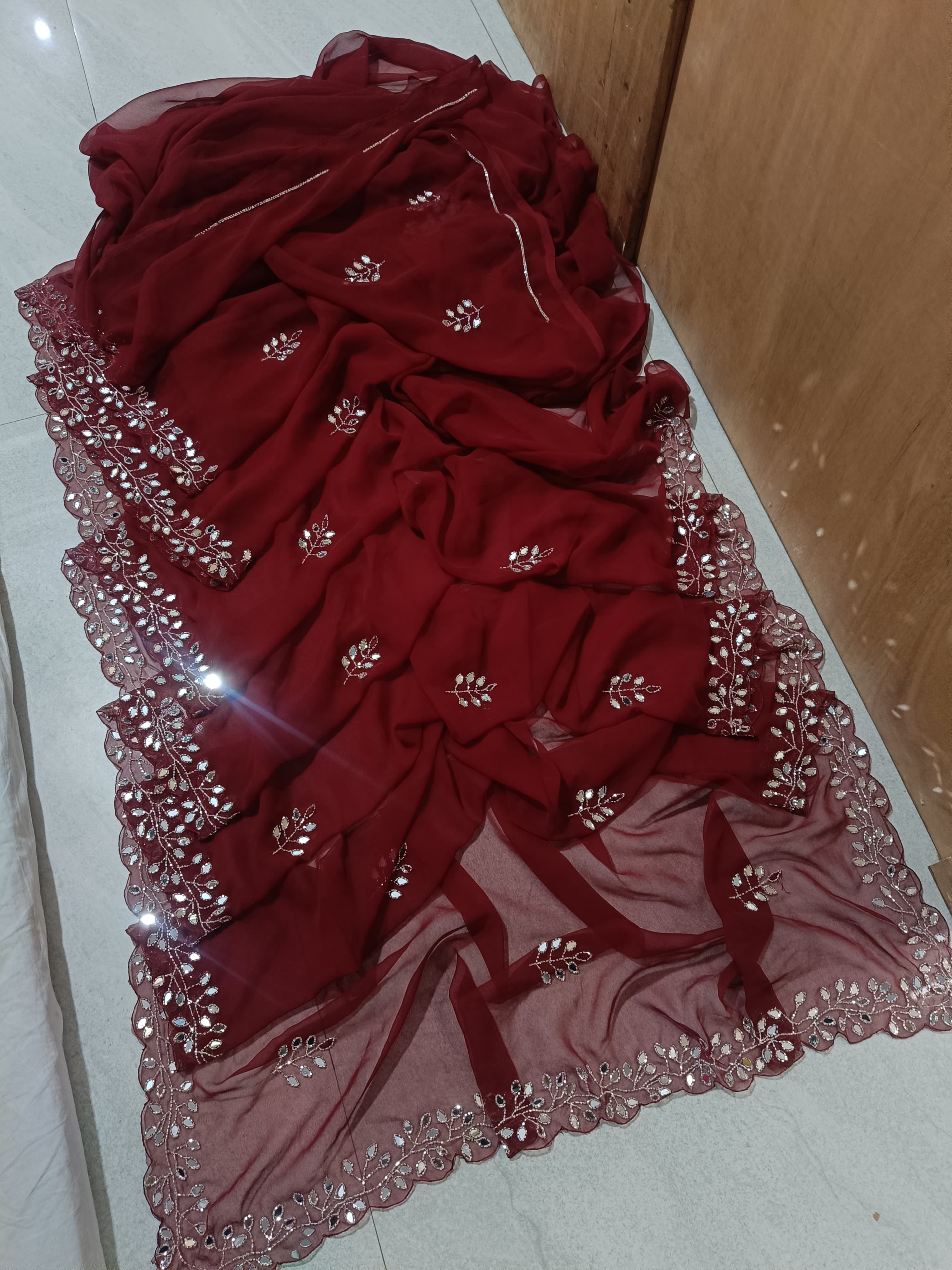 Fancy handwork mirrors and beads work georgette saree