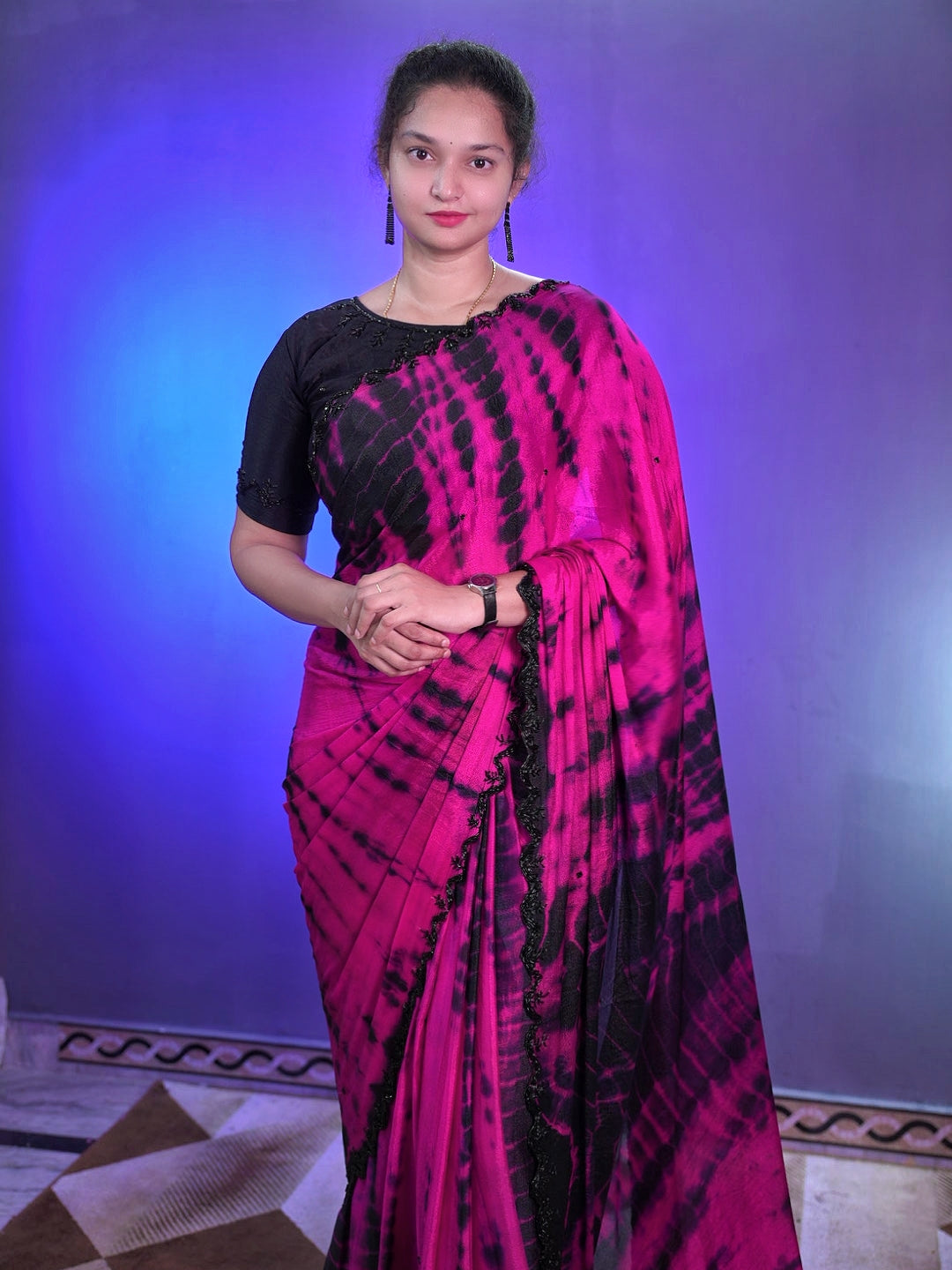 Tie and dye pure chinnon handwork saree