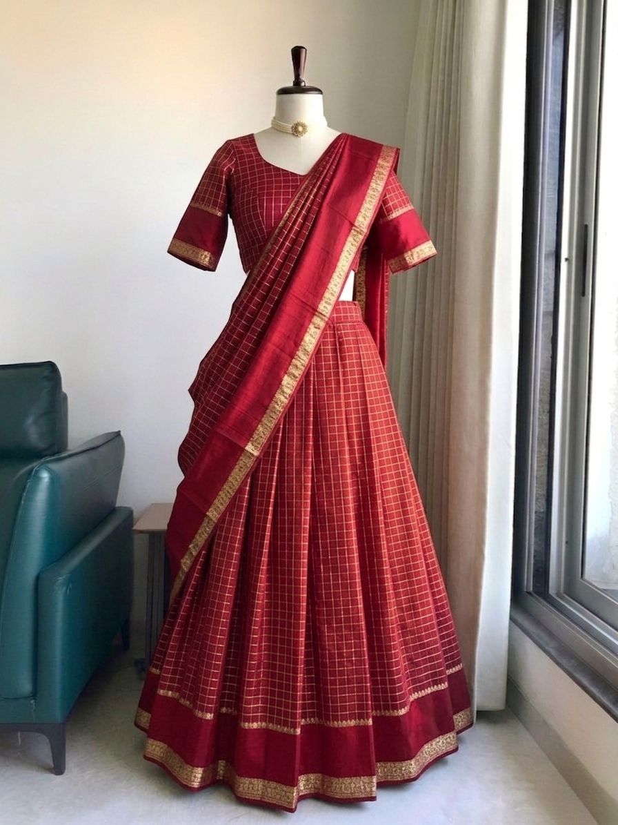 Viscose georgette vintage checks fully stitched half sareee