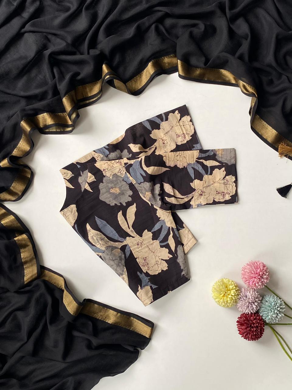 Pure mul cotton with cotton printed blouse