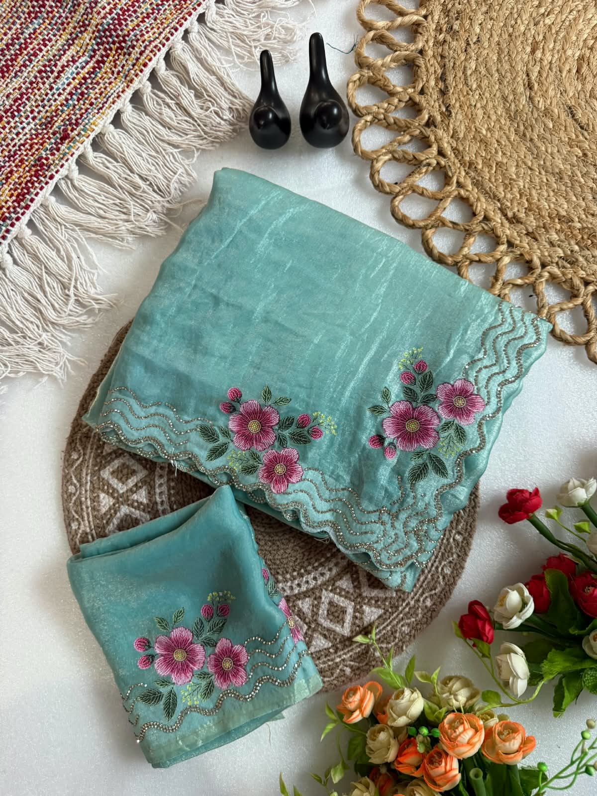 Space silk 3d print diamond stone work saree