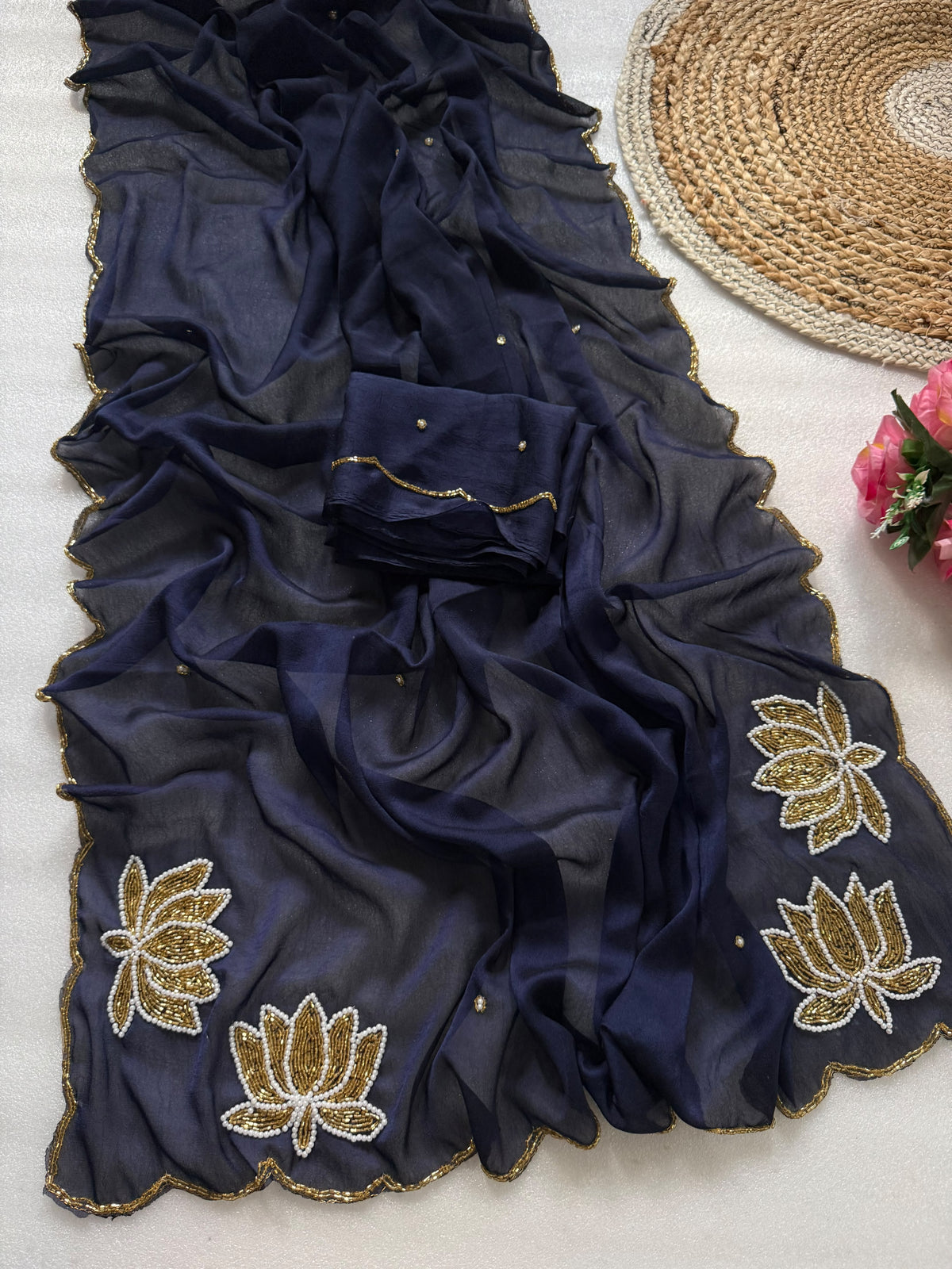 Soft rangoli crush lotus handwork saree