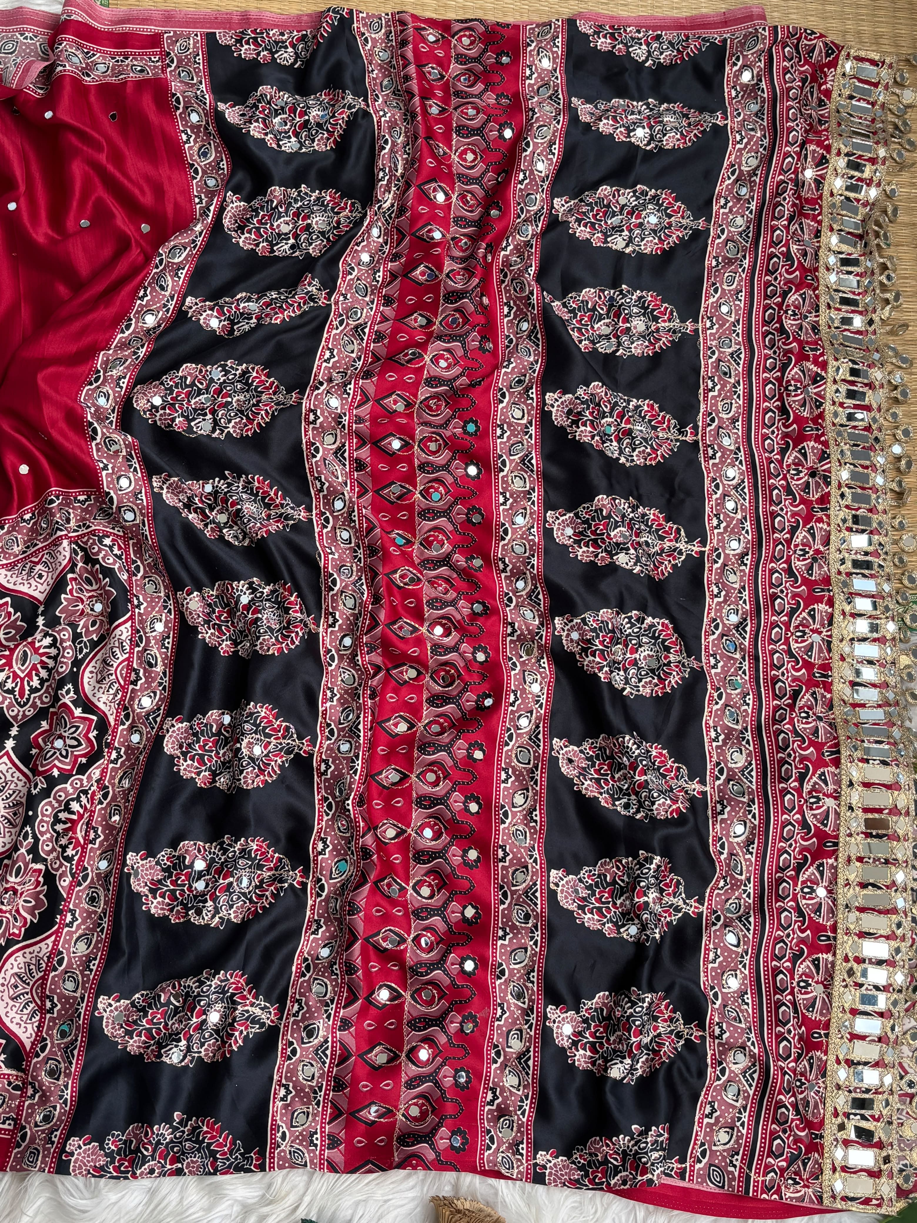 Ajrak mirror satin modal saree
