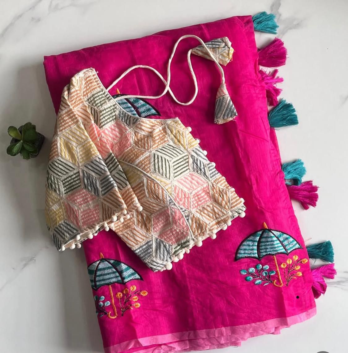 Premium Chanderi Silk Saree Fully Stitched blouse