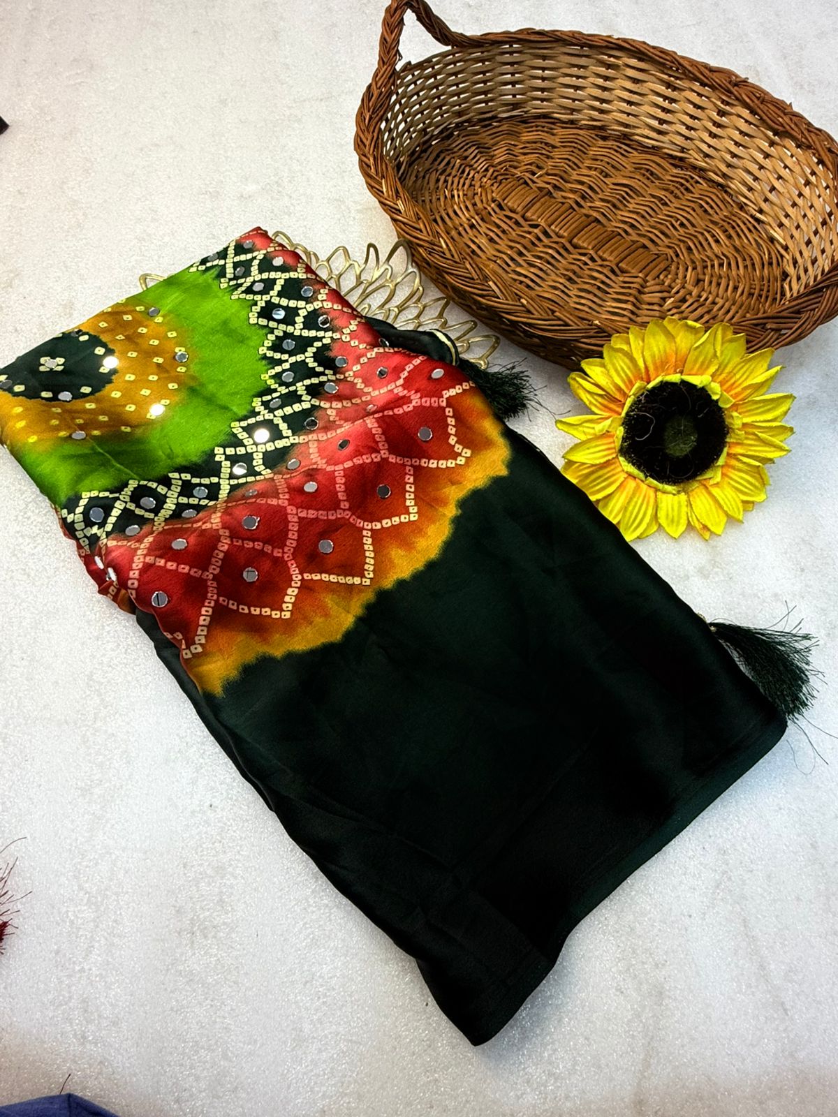 Ganji bandhej silk mirror work soft saree